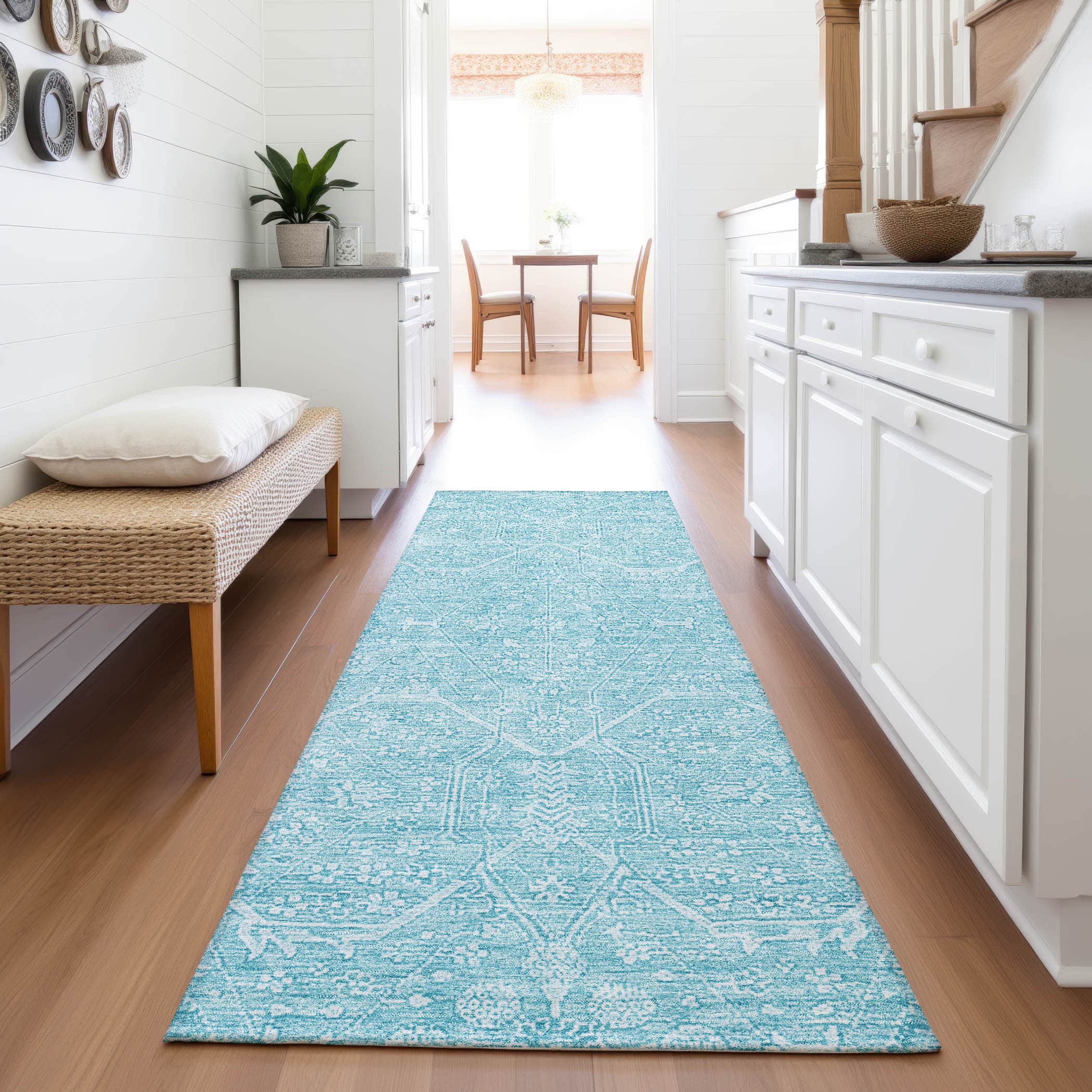 Kotor Machine Washable Traditional Sky Blue Rug 2'3" x 7'6" #shape_Runner