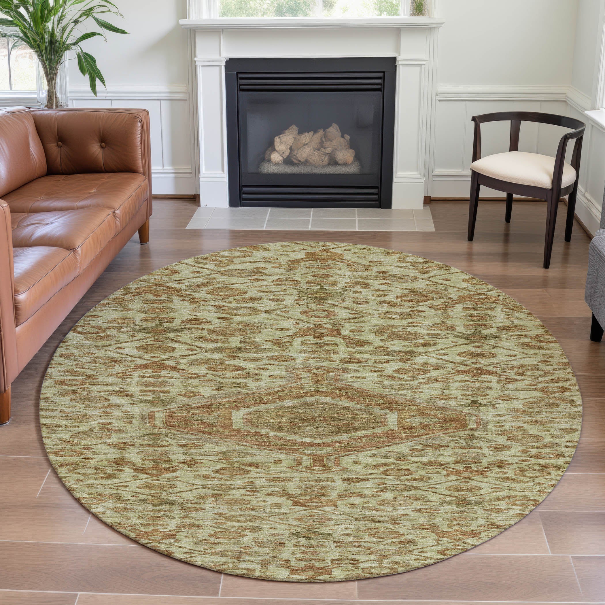 Oslo Machine Washable Traditional Beige Brown Rug 8' x 8' #shape_Round