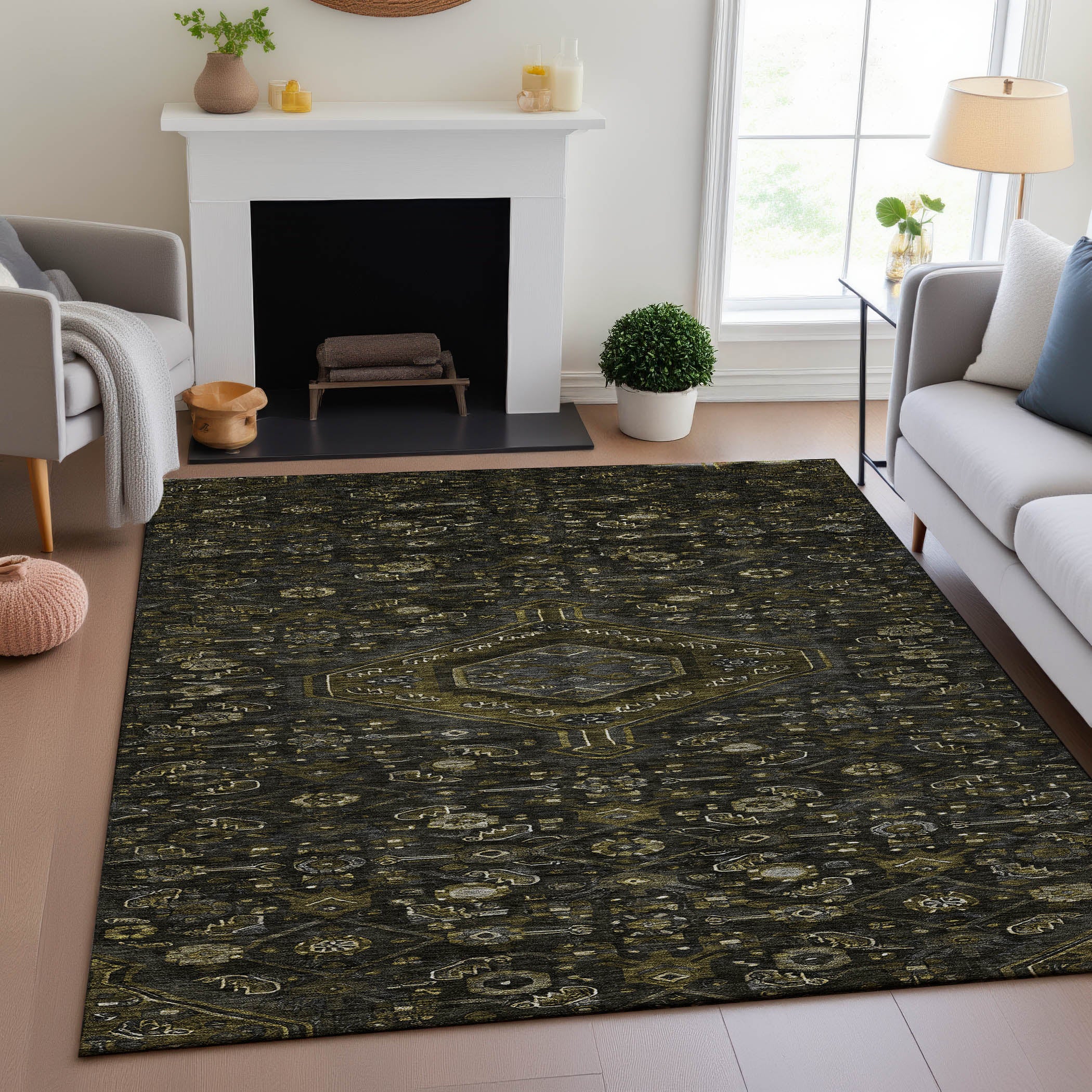 Oslo Machine Washable Traditional Charcoal Gray Rug 2'6" x 3'10" #shape_Rectangle
