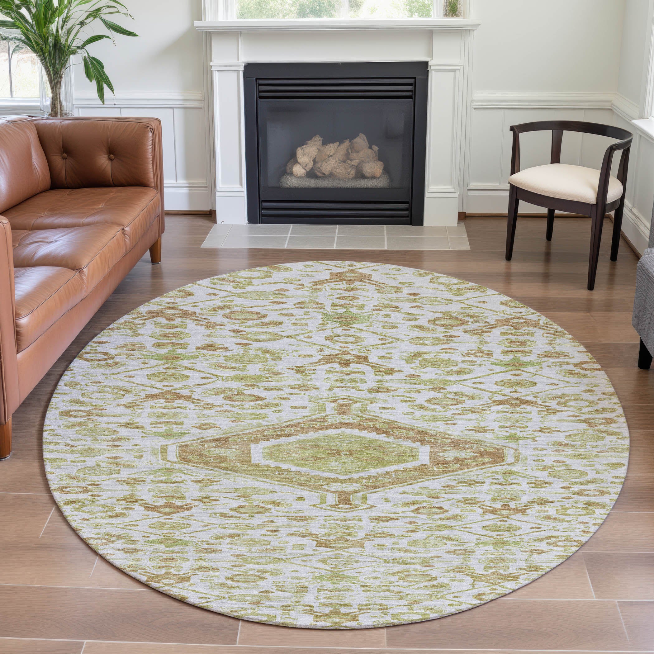 Oslo Machine Washable Traditional Ivory Rug 8' x 8' #shape_Round