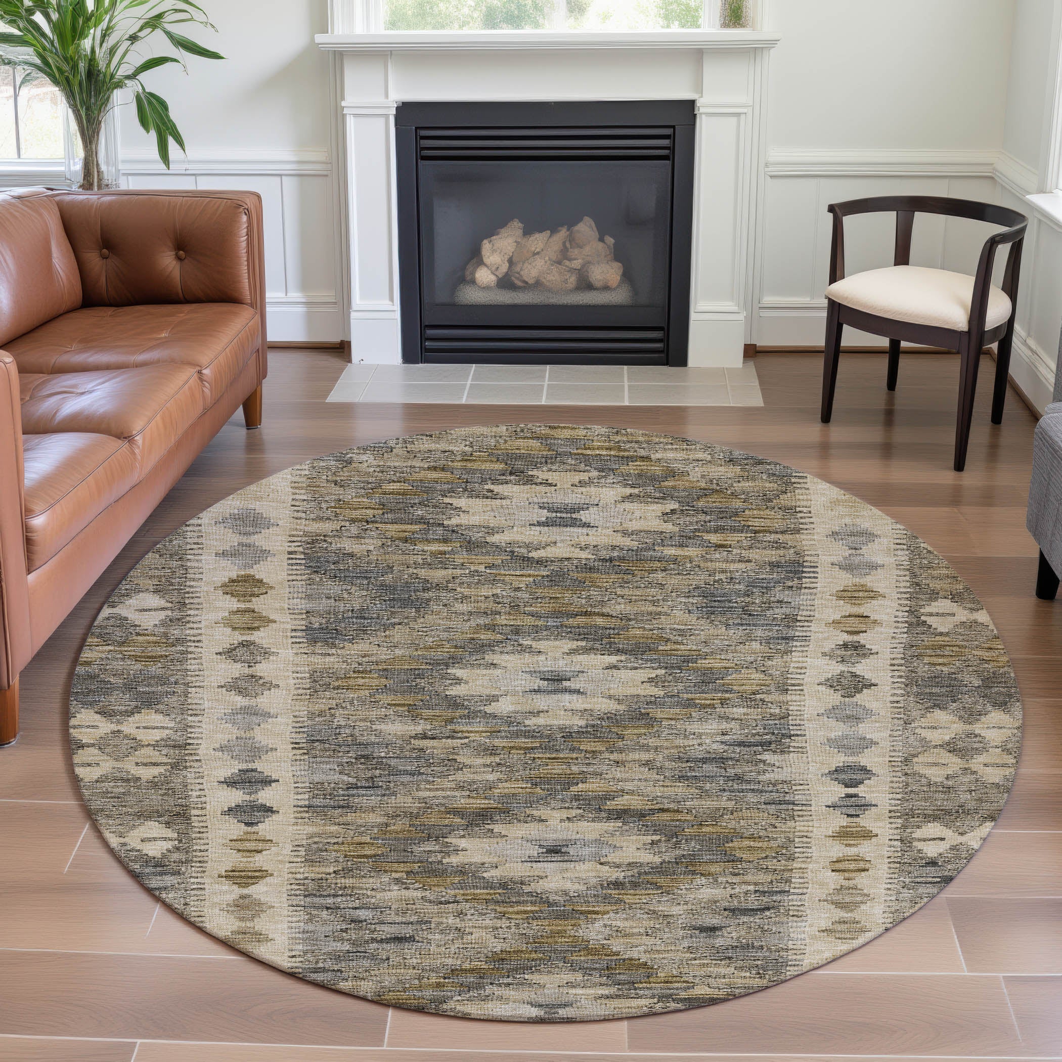 Bogota Machine Washable Transitional Beige Brown Rug 8' x 8' #shape_Round