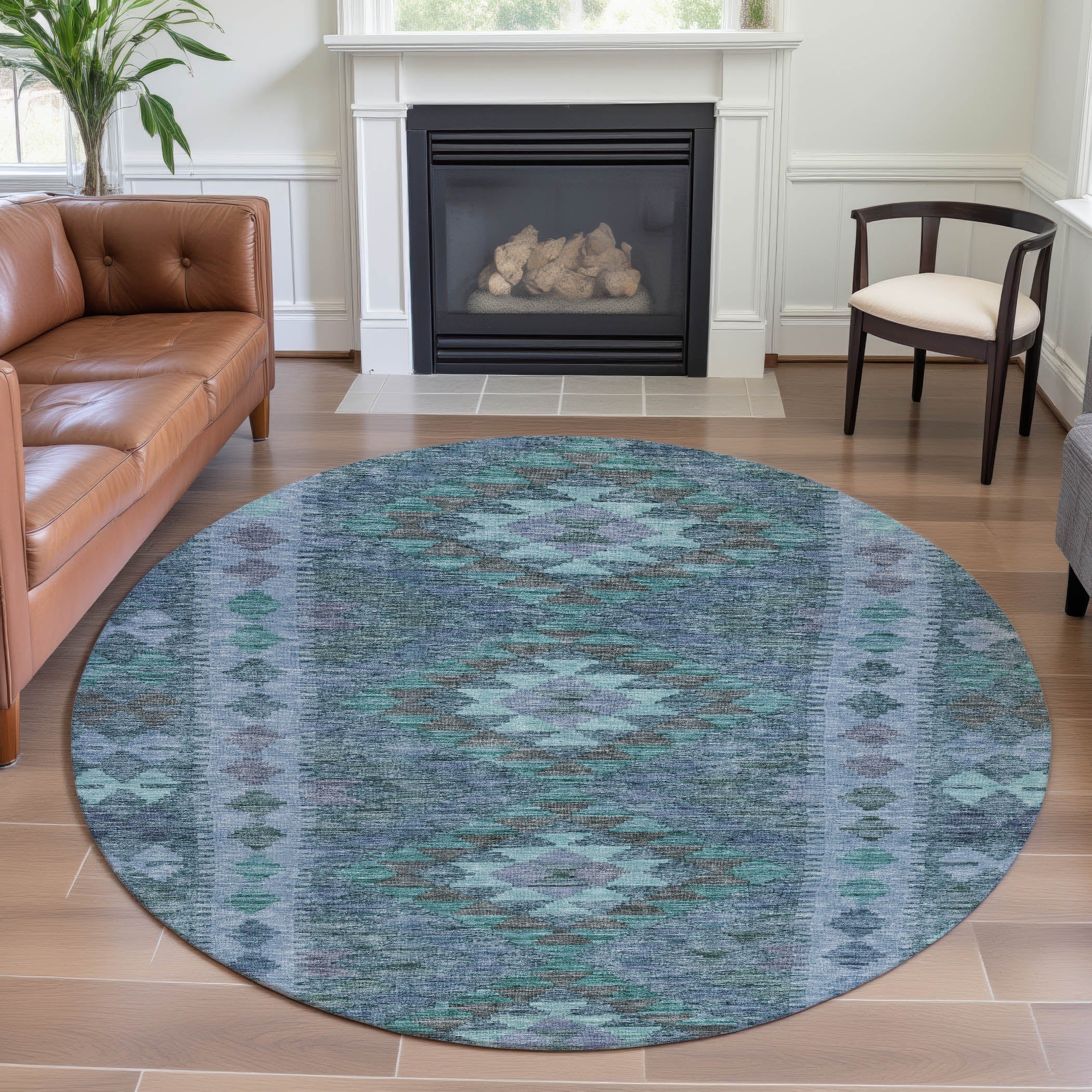 Bogota Machine Washable Transitional Blue Rug 8' x 8' #shape_Round