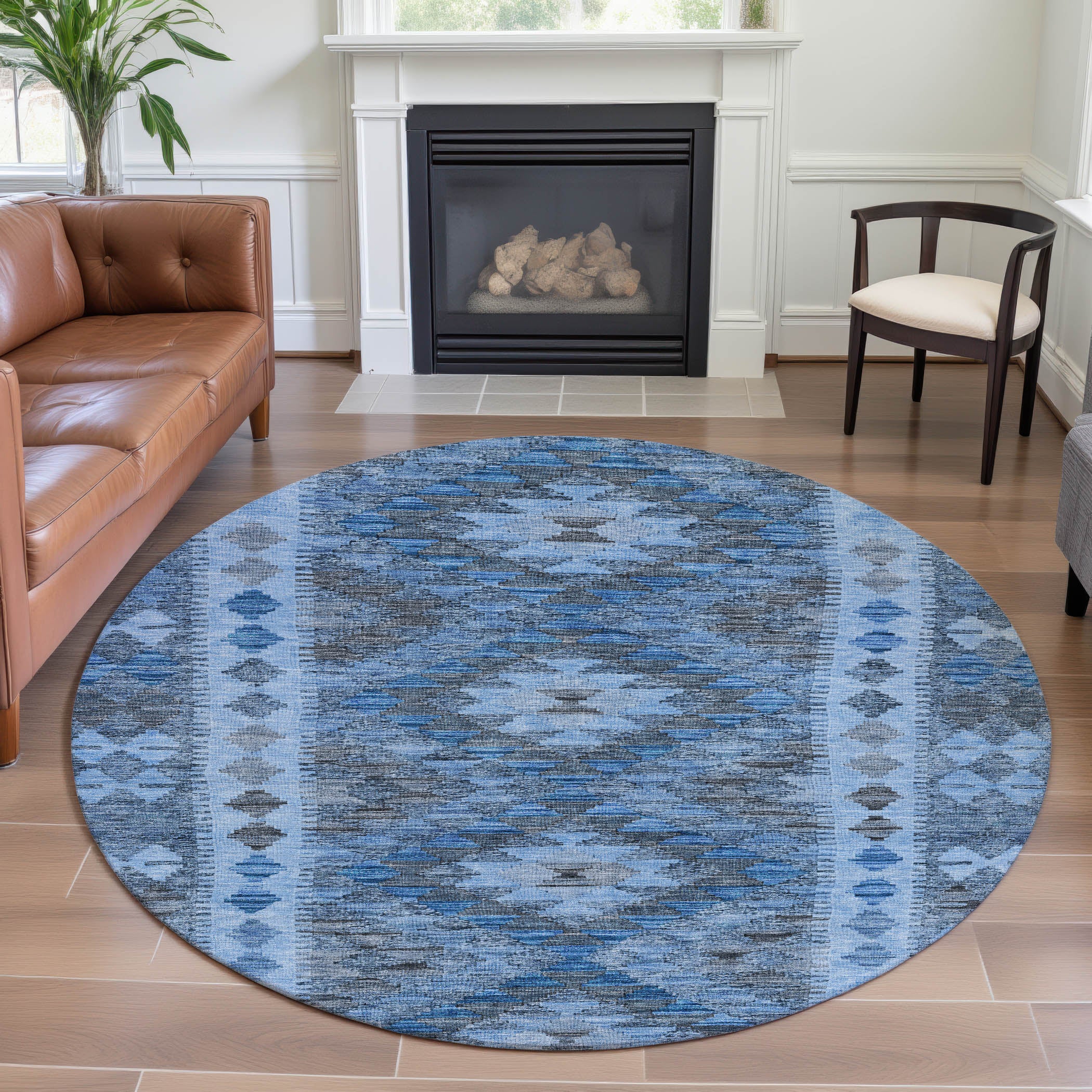 Bogota Machine Washable Transitional Navy Blue Rug 8' x 8' #shape_Round