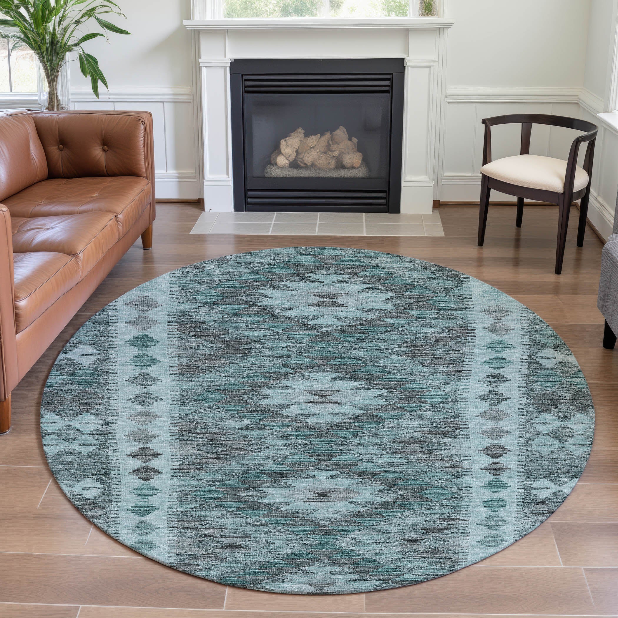 Bogota Machine Washable Transitional Teal Rug 8' x 8' #shape_Round