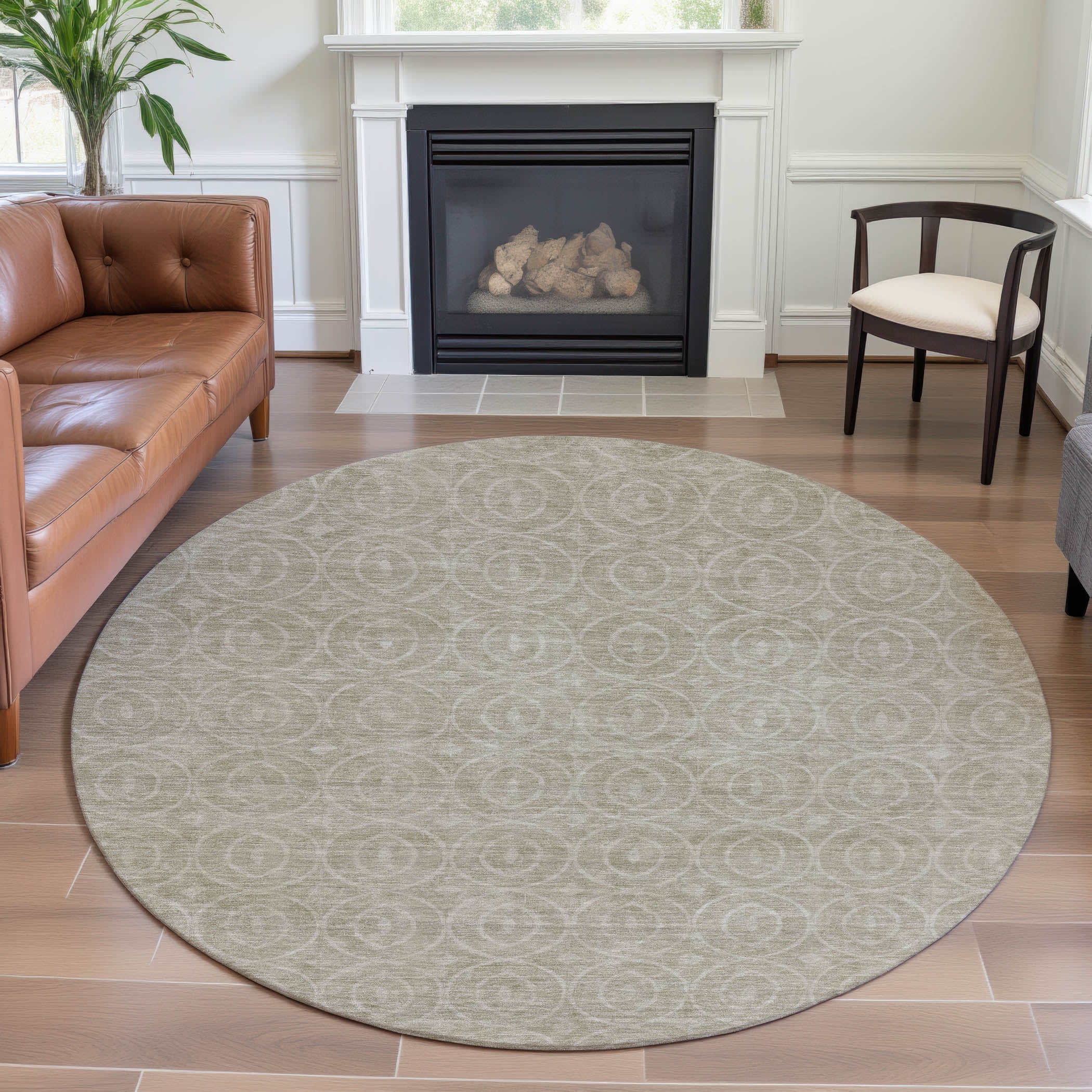Mostar Machine Washable Transitional Beige Brown Rug 8' x 8' #shape_Round