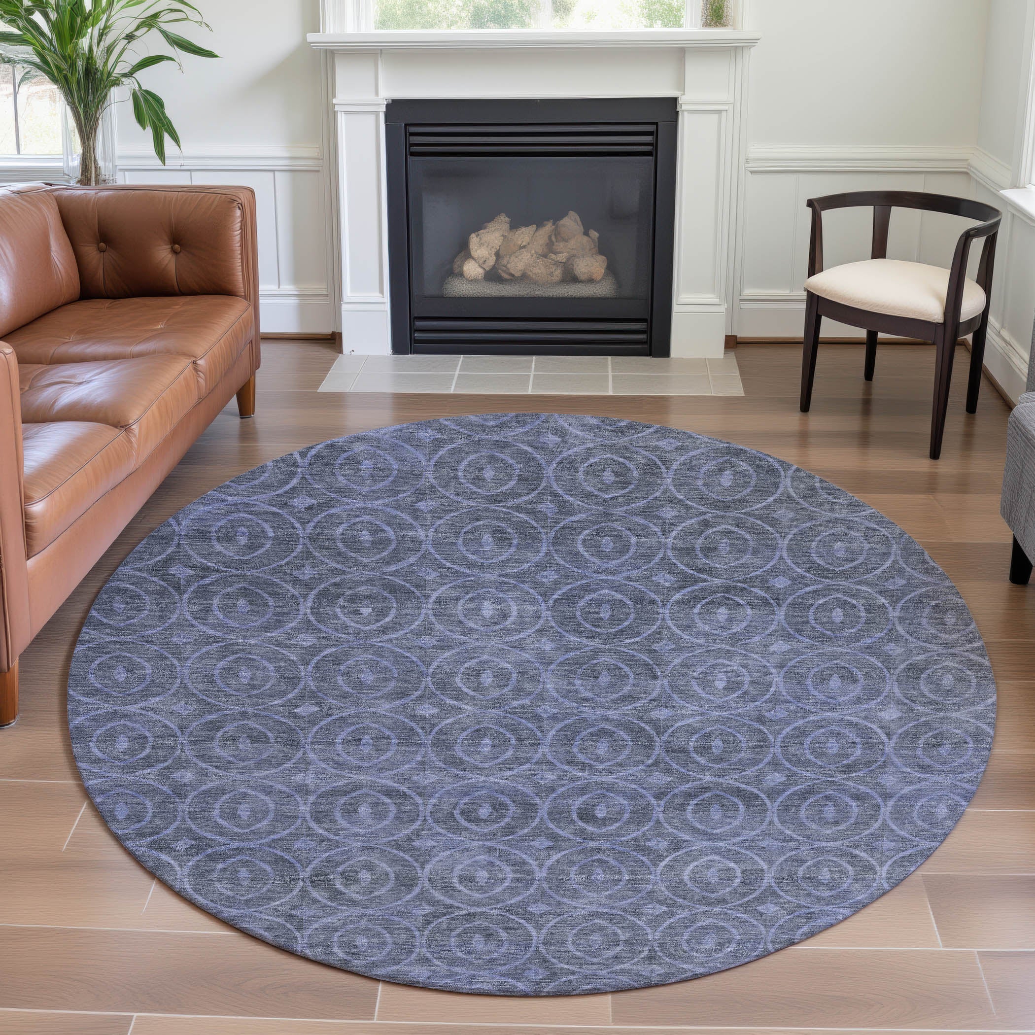 Mostar Machine Washable Transitional Denim Blue Rug 8' x 8' #shape_Round