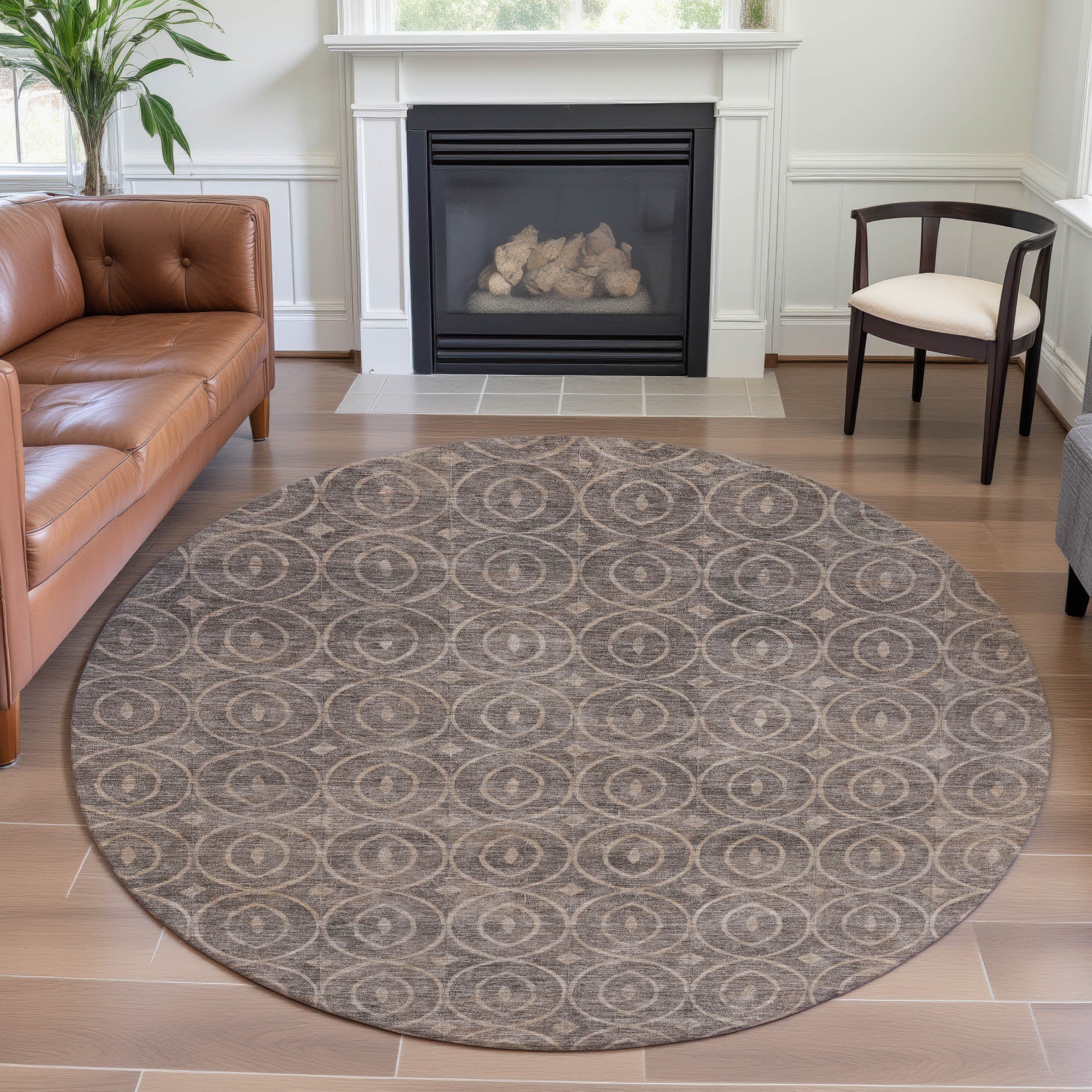 Mostar Machine Washable Transitional Mocha Brown Rug 8' x 8' #shape_Round