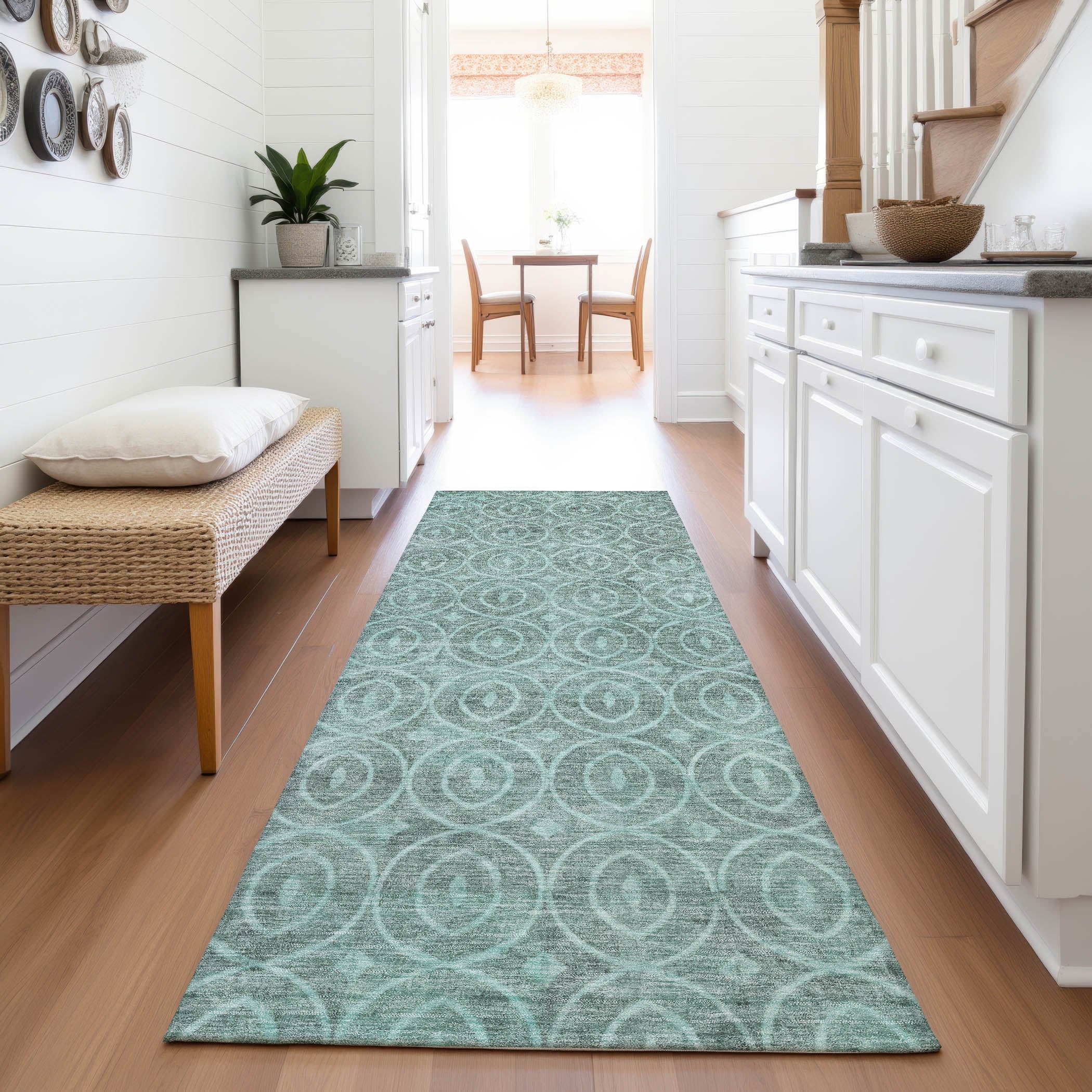 Mostar Machine Washable Transitional Teal Rug 2'3" x 7'6" #shape_Runner