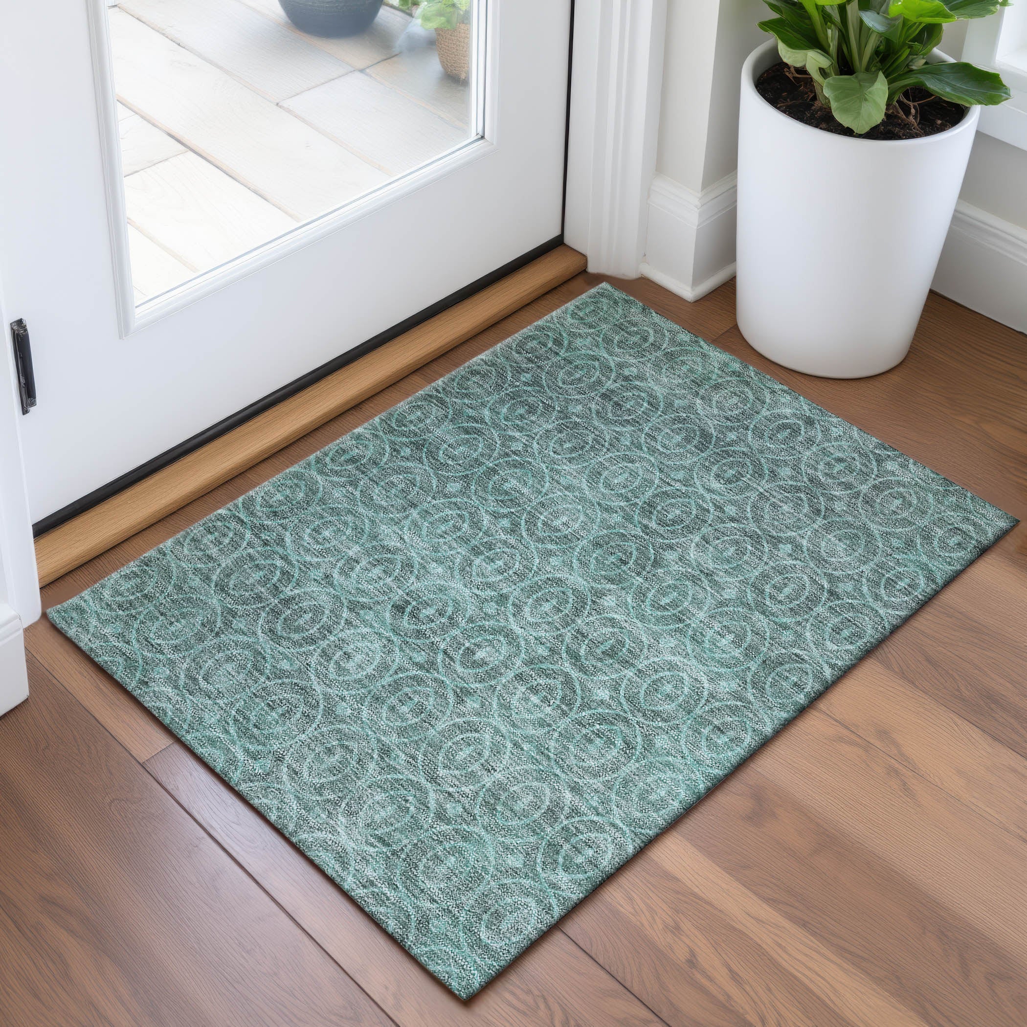 Mostar Machine Washable Transitional Teal Rug 1'8" x 2'6" #shape_Rectangle
