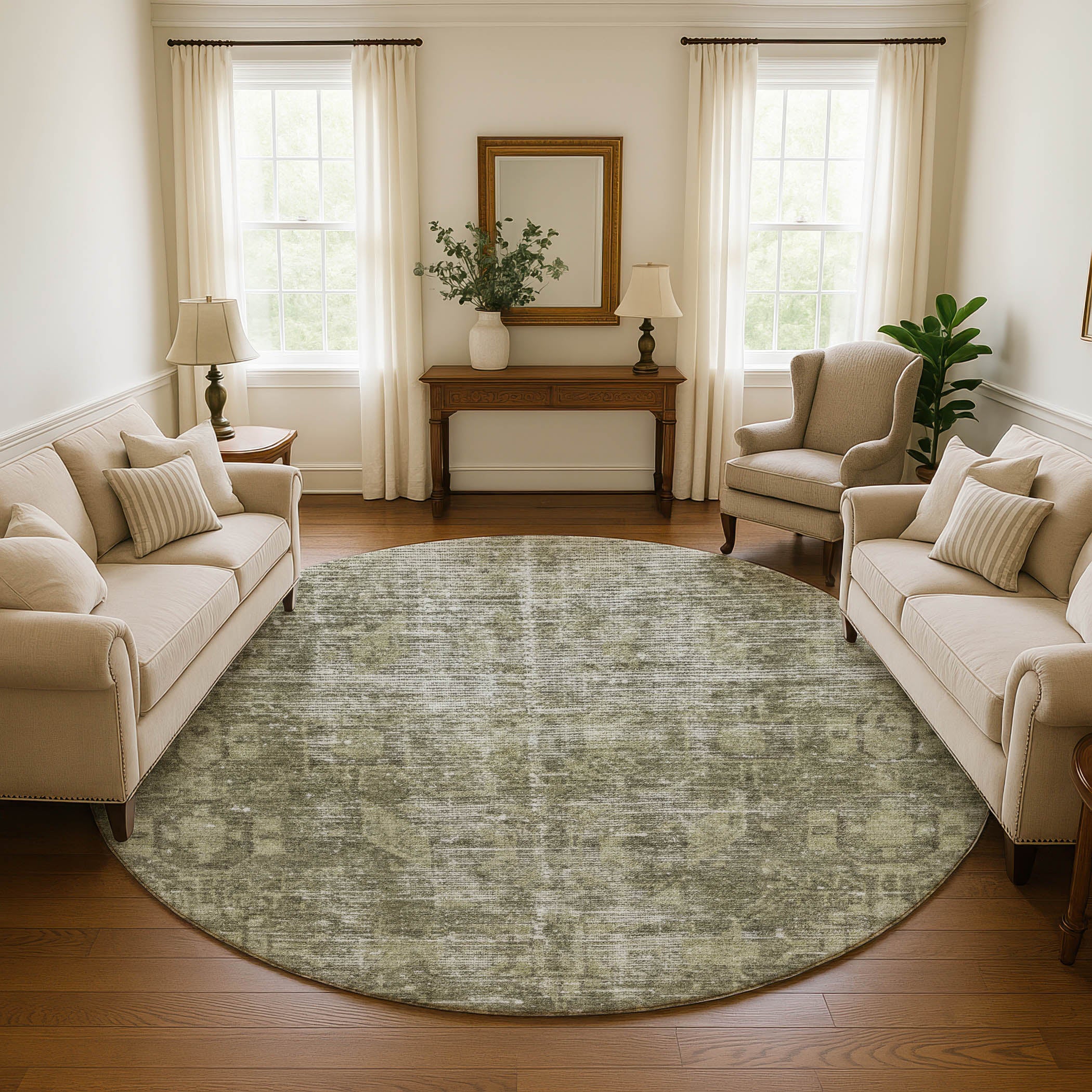 Salzburg Machine Washable Traditional Olive Green Rug 8' x 8' #shape_Round