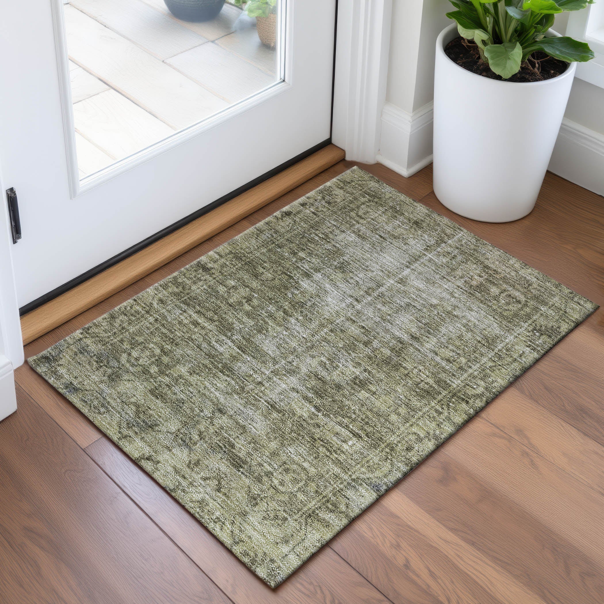 Salzburg Machine Washable Traditional Olive Green Rug 1'8" x 2'6" #shape_Rectangle