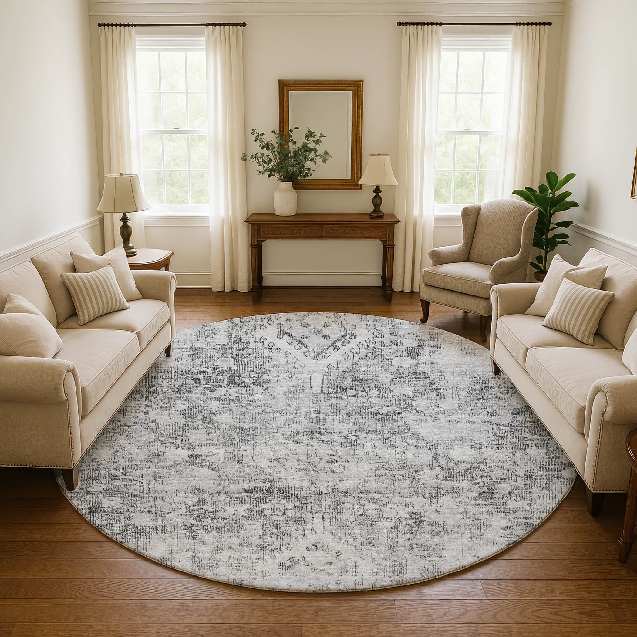 Salzburg Machine Washable Traditional Charcoal Gray Rug 8' x 8' #shape_Round