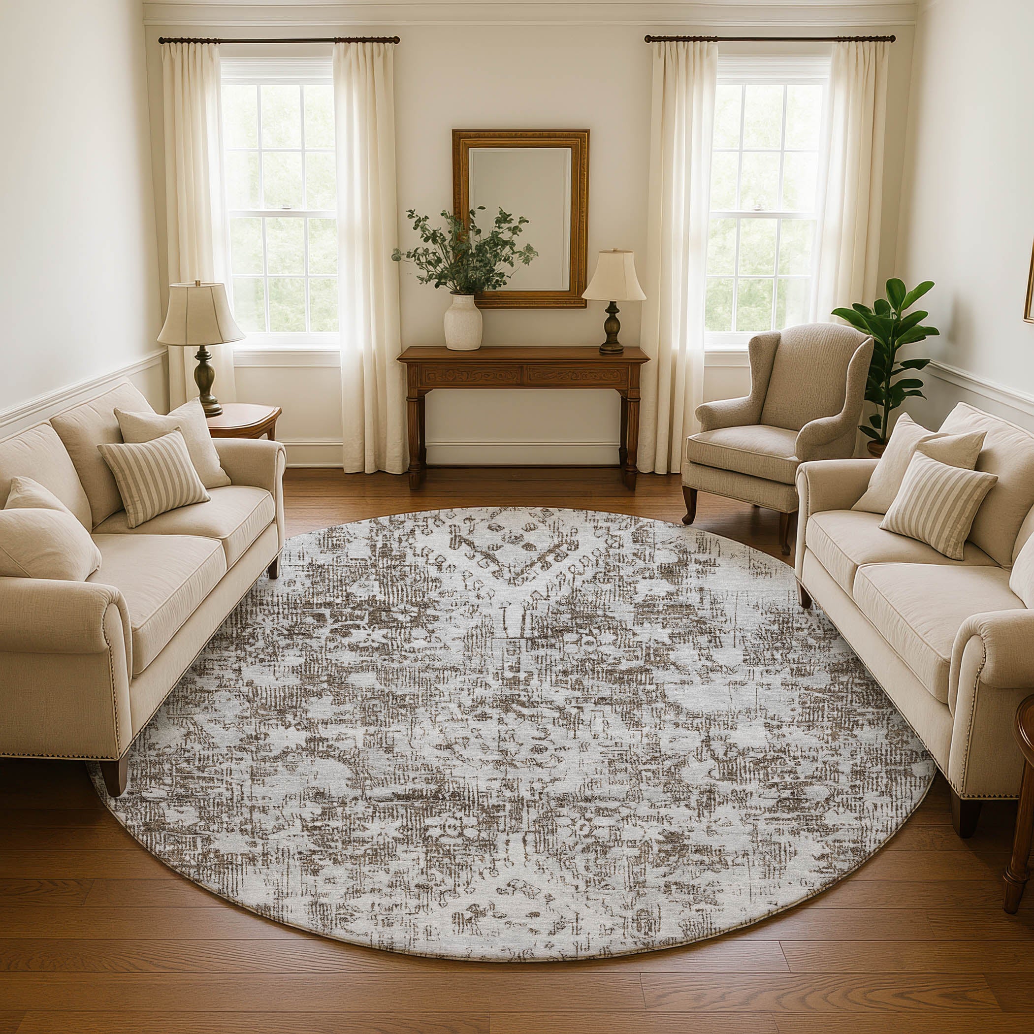 Salzburg Machine Washable Traditional Chocolate Brown Rug 8' x 8' #shape_Round
