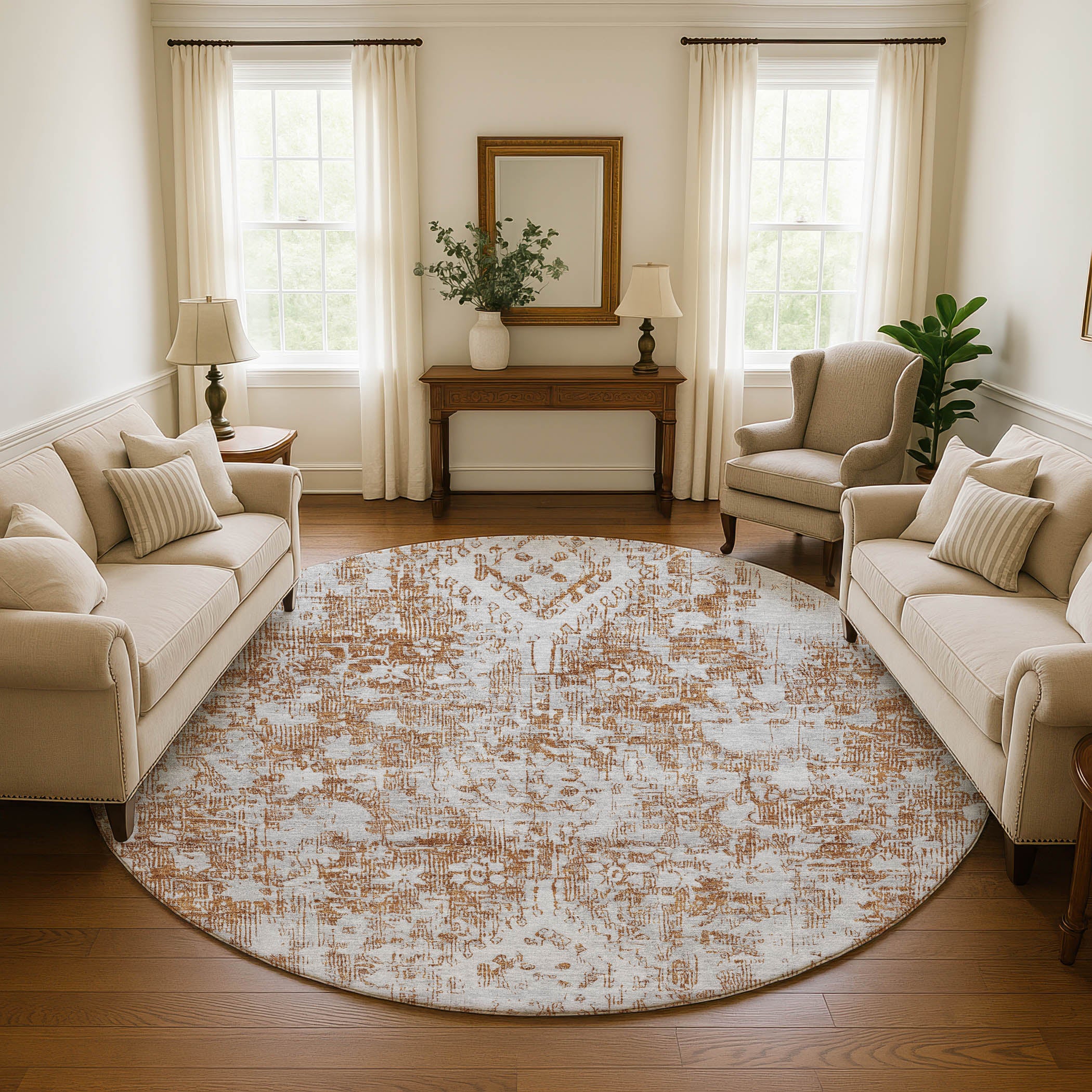 Salzburg Machine Washable Traditional Terracotta Orange Rug 8' x 8' #shape_Round
