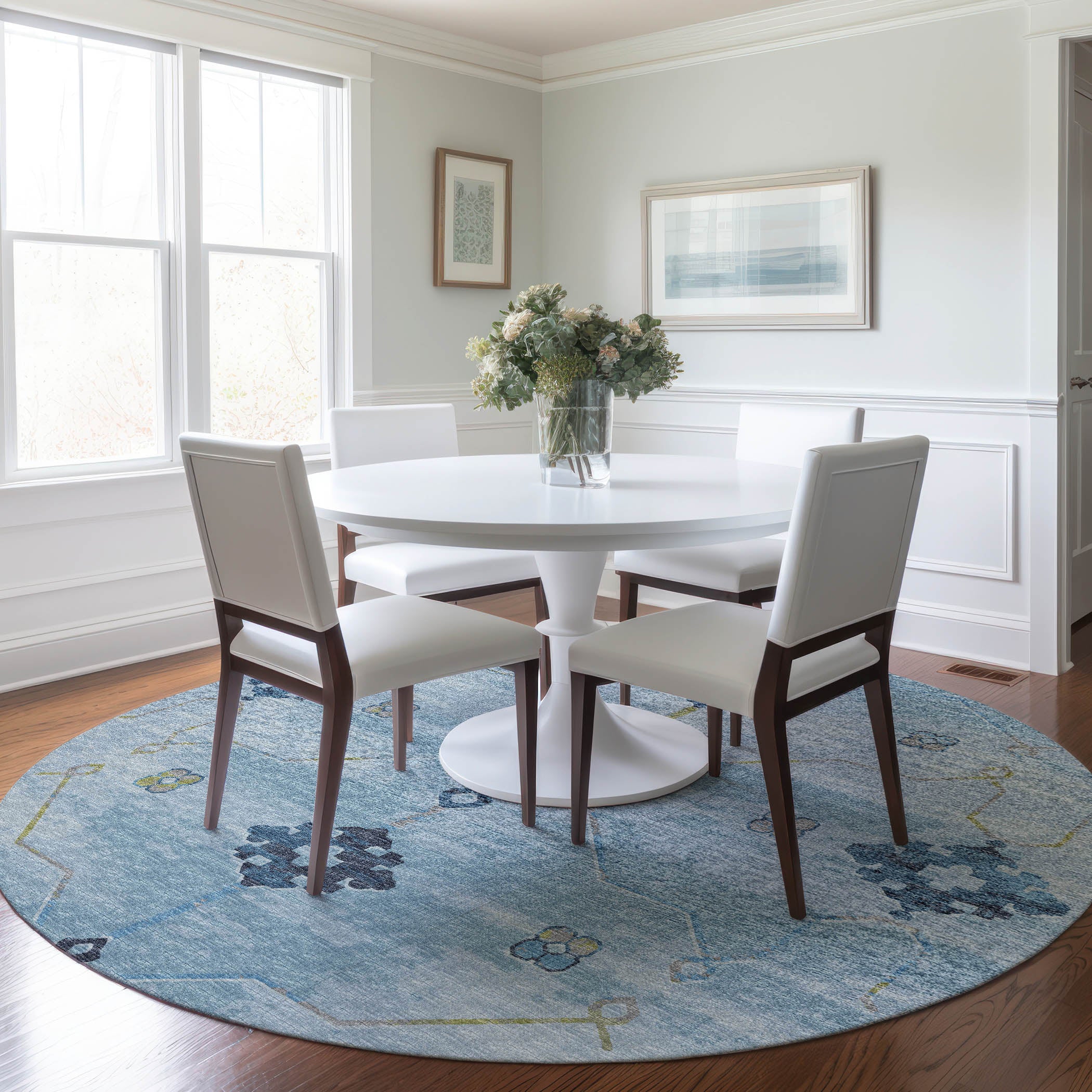 Oaxaca Machine Washable Transitional Blue Rug 8' x 8' #shape_Round