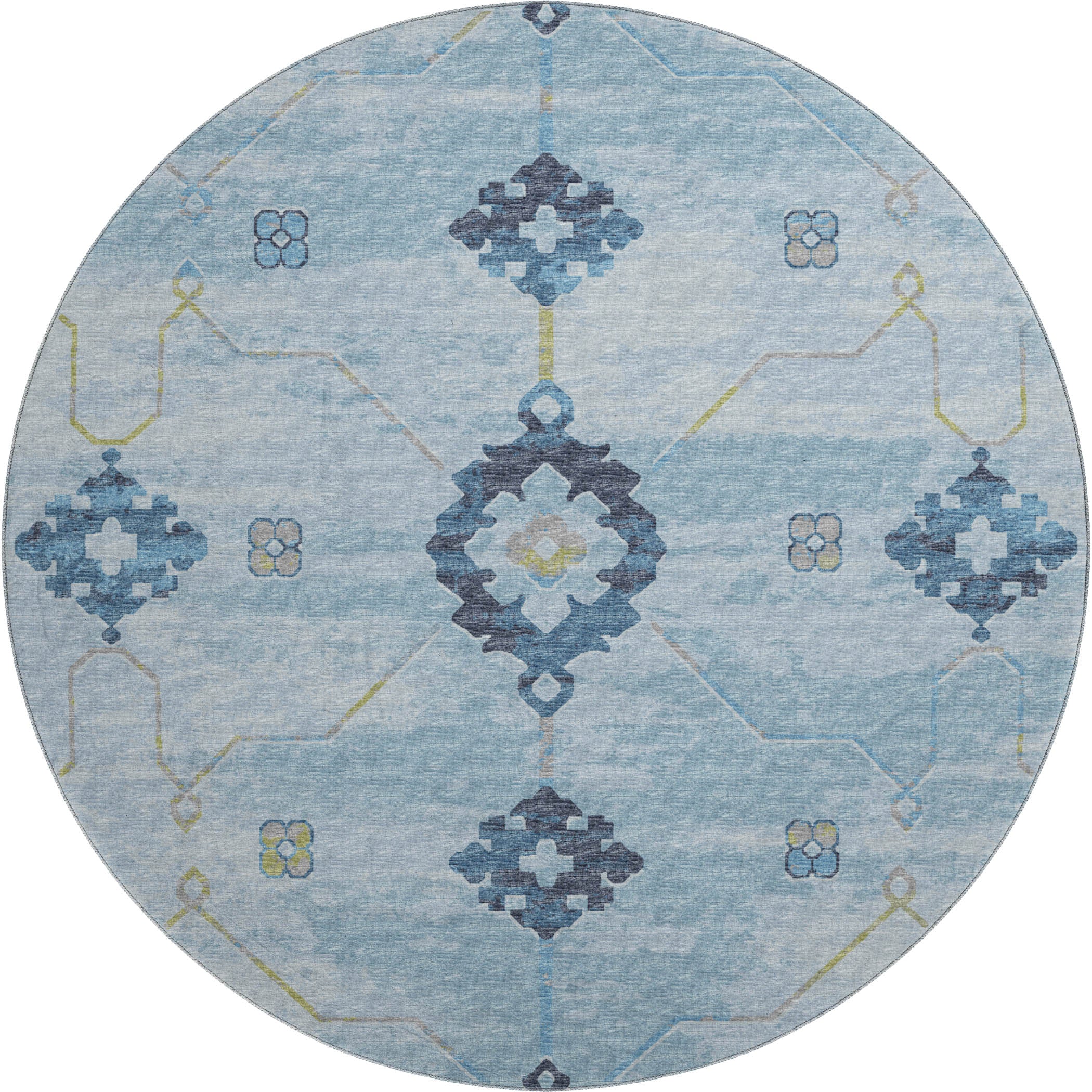 Oaxaca Machine Washable Transitional Blue Rug 8' x 8' #shape_Round