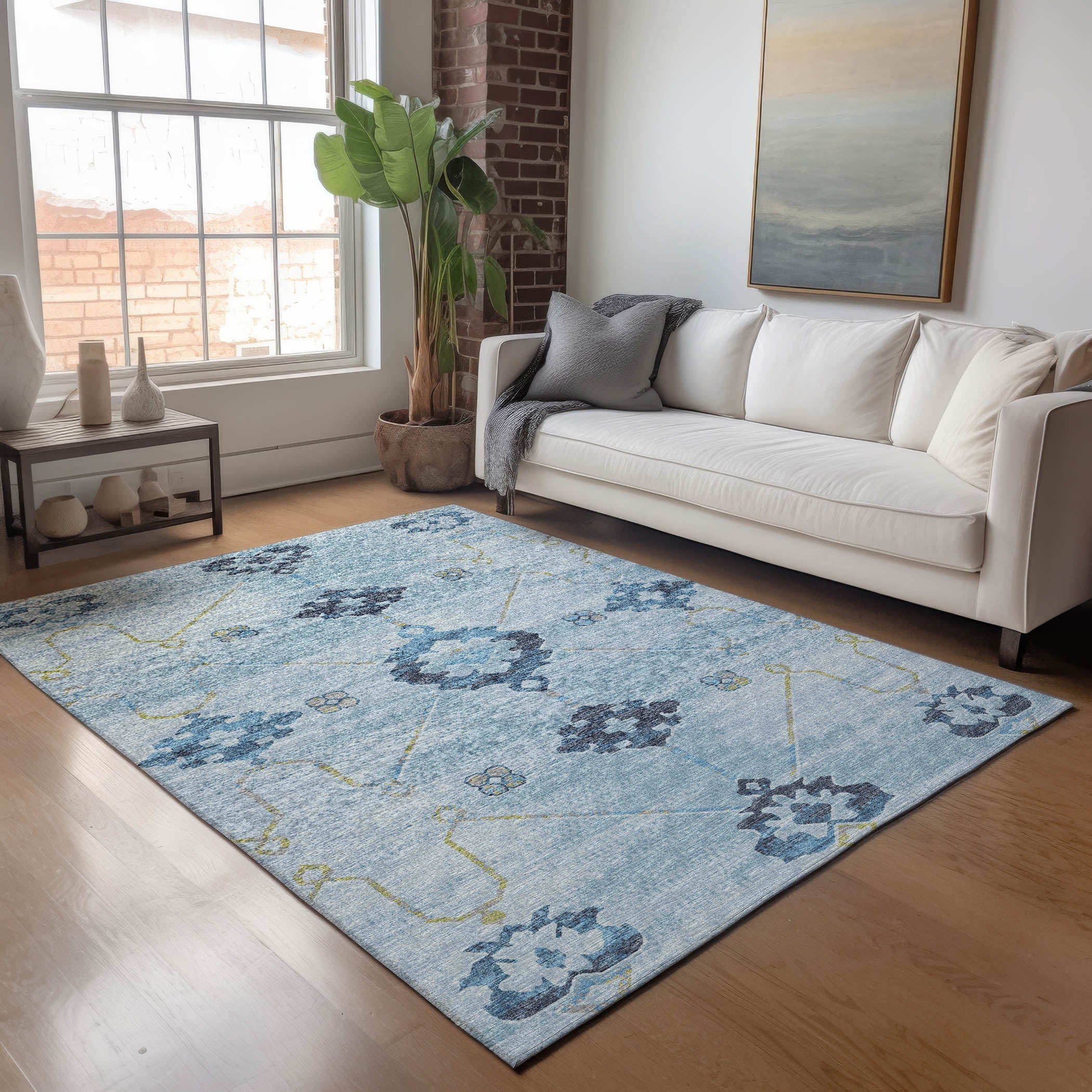 Oaxaca Machine Washable Transitional Blue Rug 2'6" x 3'10" #shape_Rectangle