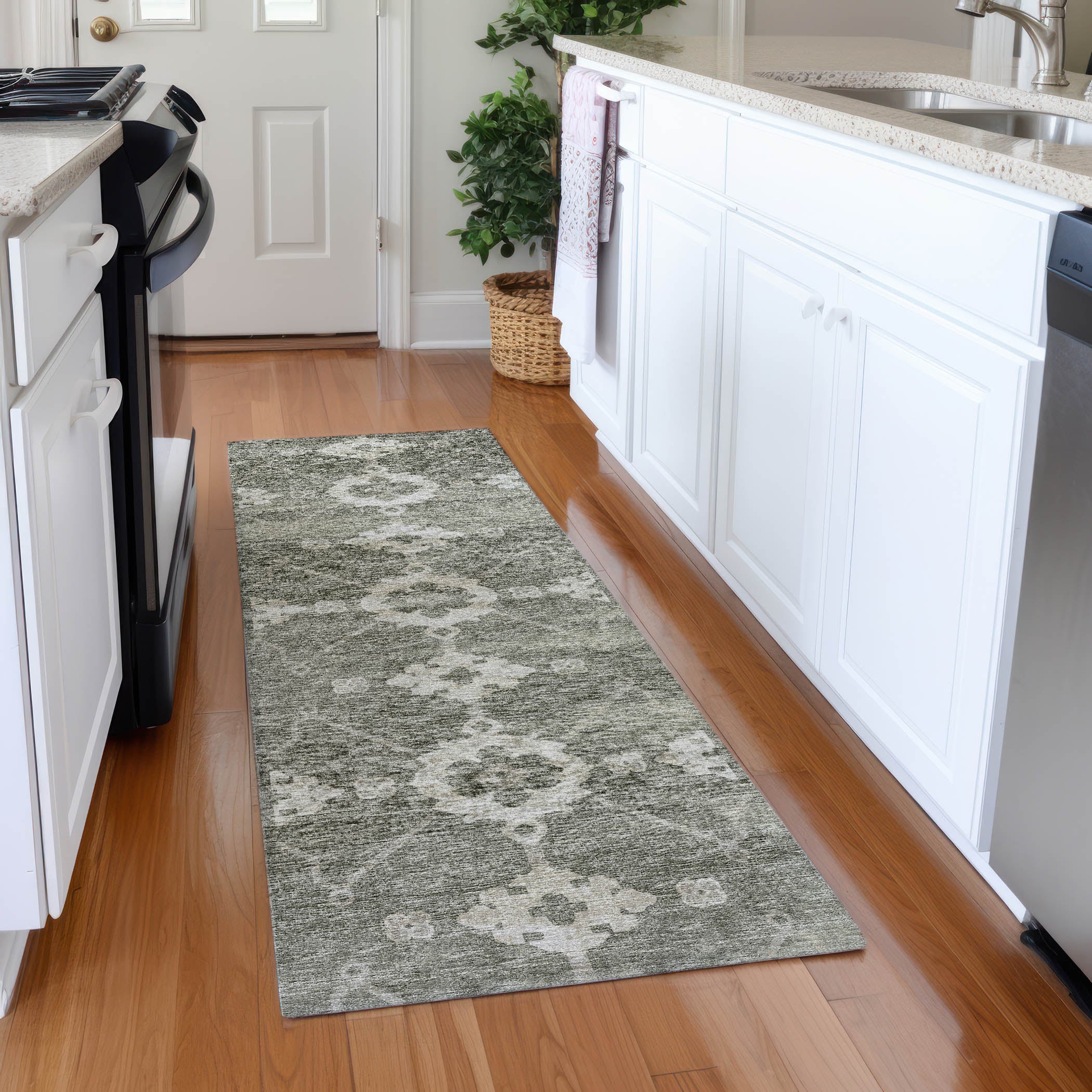 Oaxaca Machine Washable Transitional Olive Green Rug 2'3" x 7'6" #shape_Runner