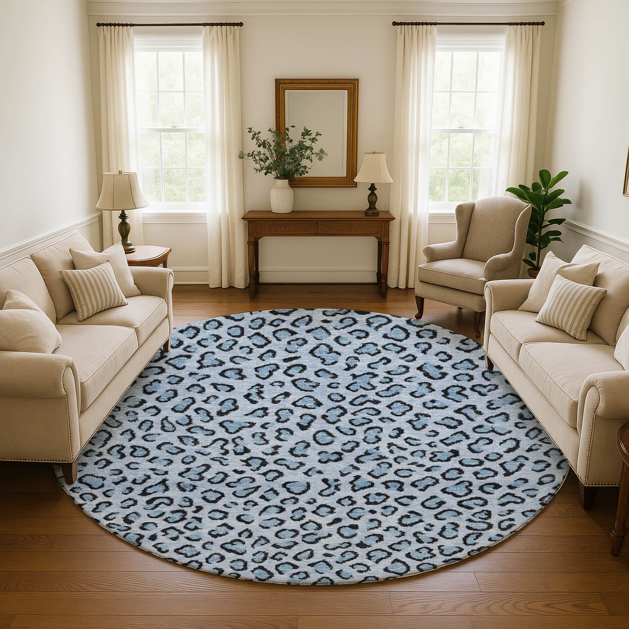 Baku Machine Washable Transitional Blue Rug 8' x 8' #shape_Round