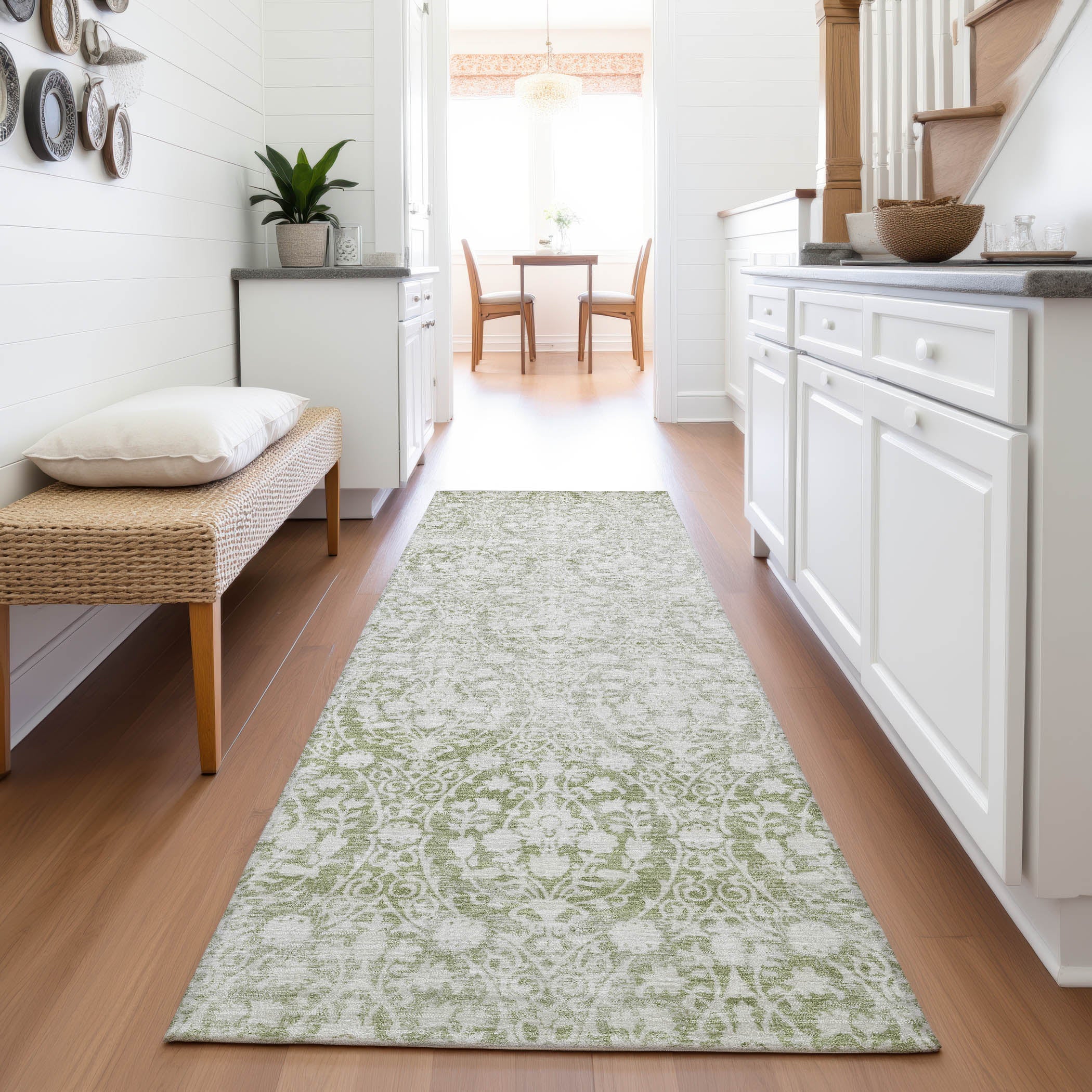 Vienna Machine Washable Transitional Aloe Green Rug 2'3" x 7'6" #shape_Runner