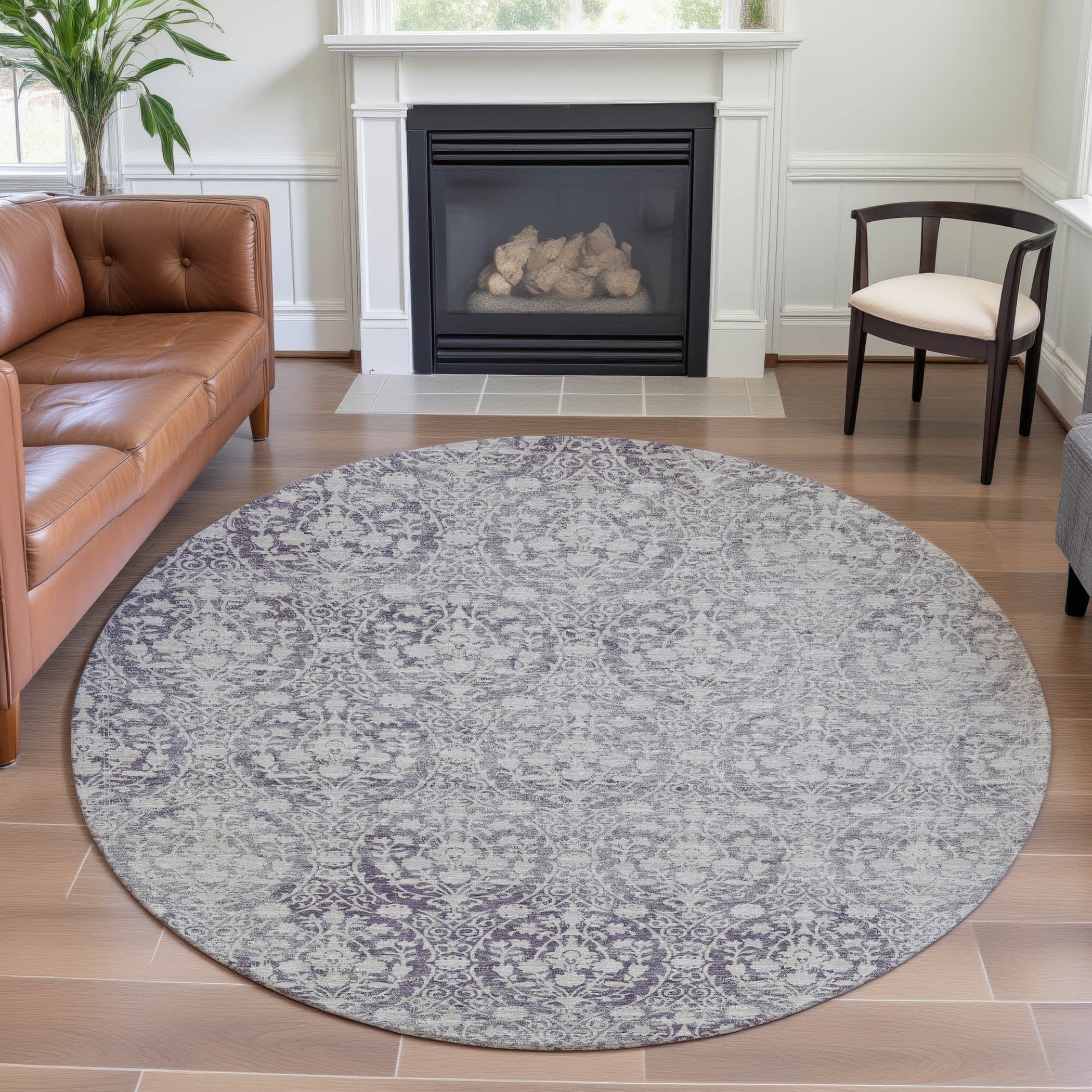 Vienna Machine Washable Transitional Plum Purple Rug 8' x 8' #shape_Round