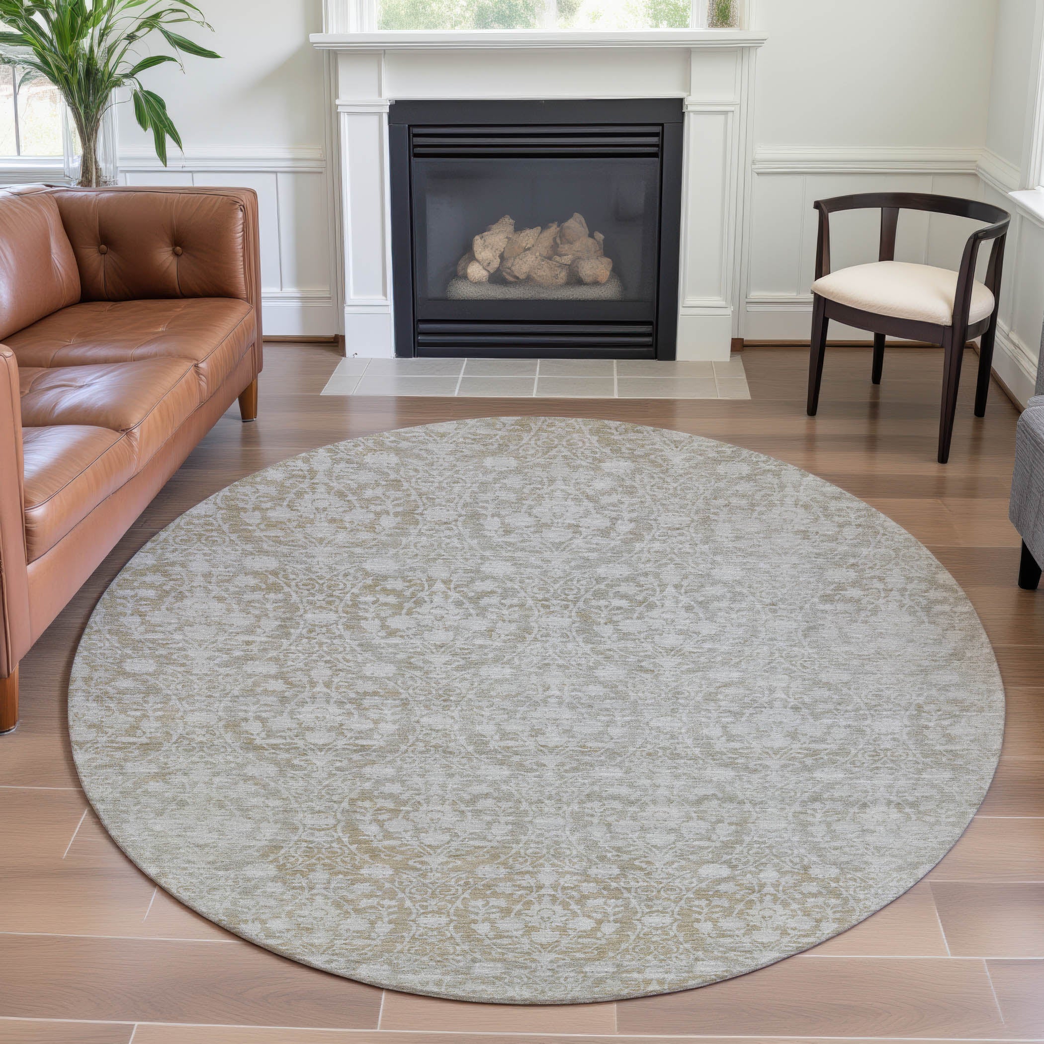 Vienna Machine Washable Transitional Tan Brown Rug 8' x 8' #shape_Round