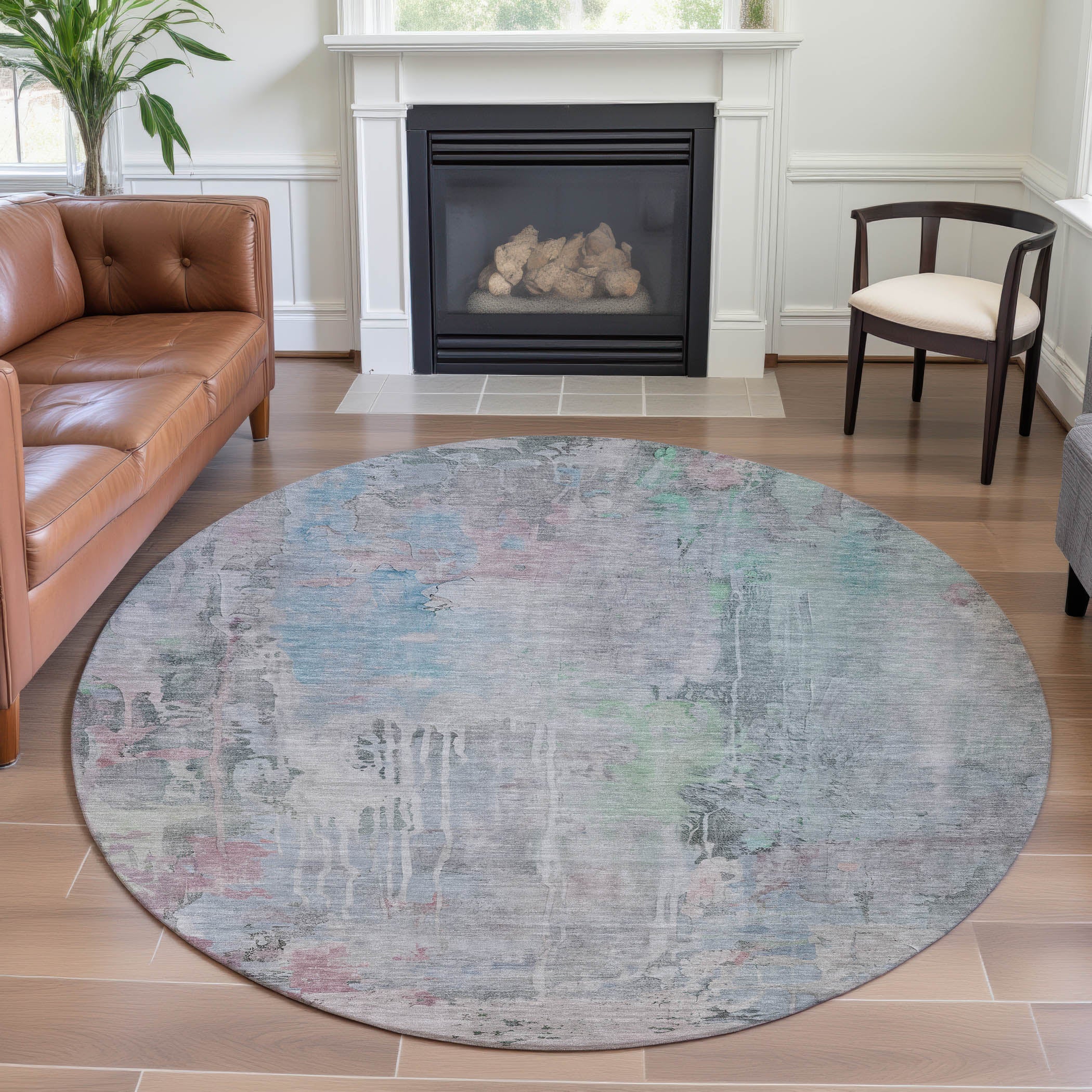 Porto Machine Washable Transitional Blue Rug 8' x 8' #shape_Round
