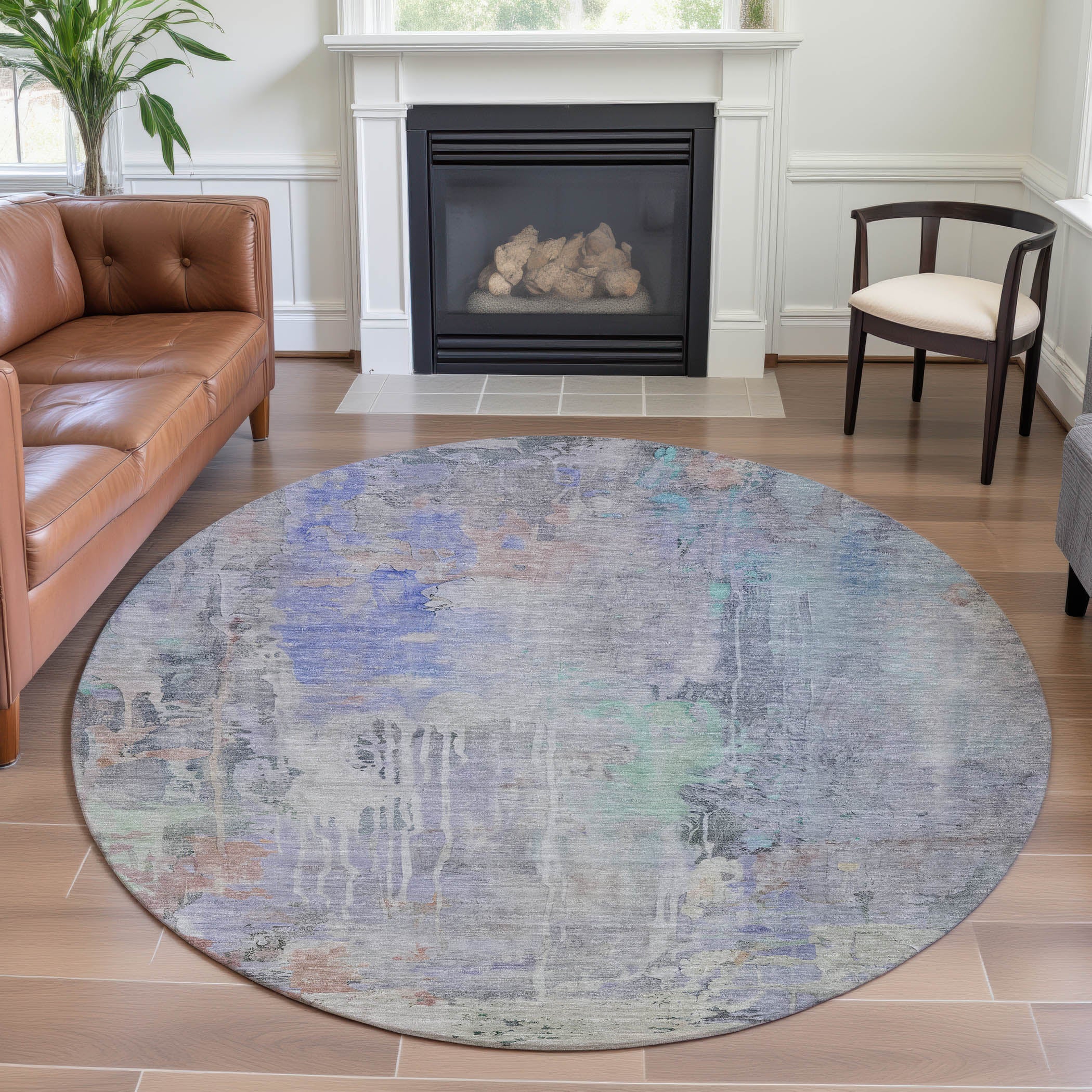 Porto Machine Washable Transitional Purple Rug 8' x 8' #shape_Round