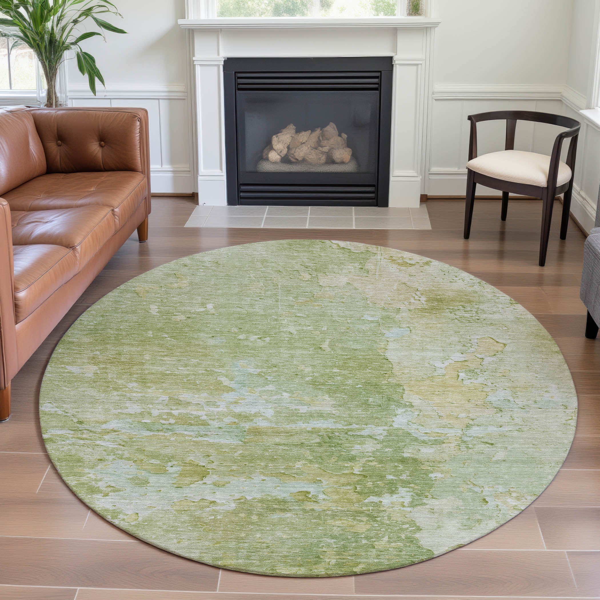 Havana Machine Washable Transitional Aloe Green Rug 8' x 8' #shape_Round