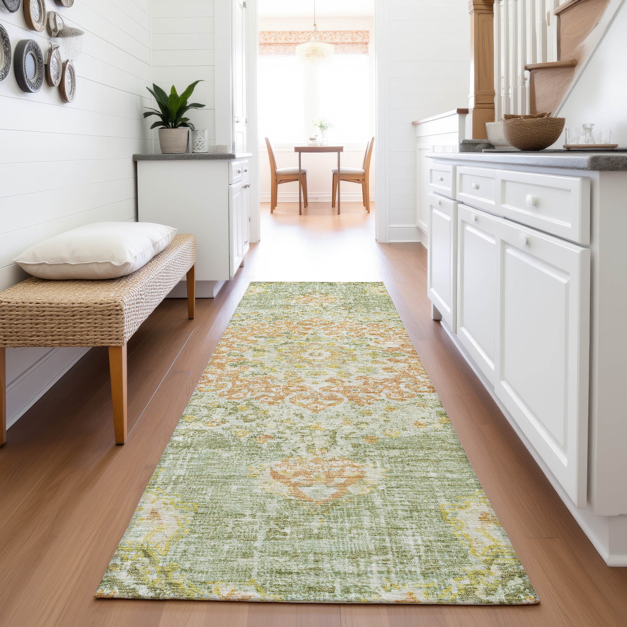 Sarajevo Machine Washable Traditional Aloe Green Rug 2'3" x 7'6" #shape_Runner