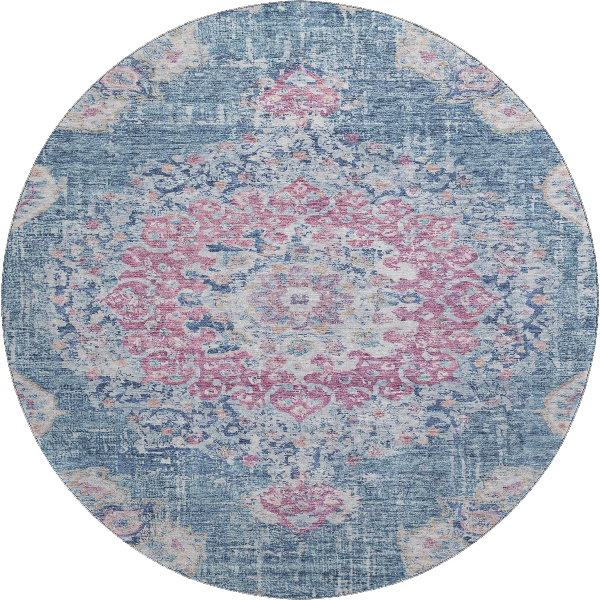 Sarajevo Machine Washable Traditional Blue Rug 8' x 8' #shape_Round