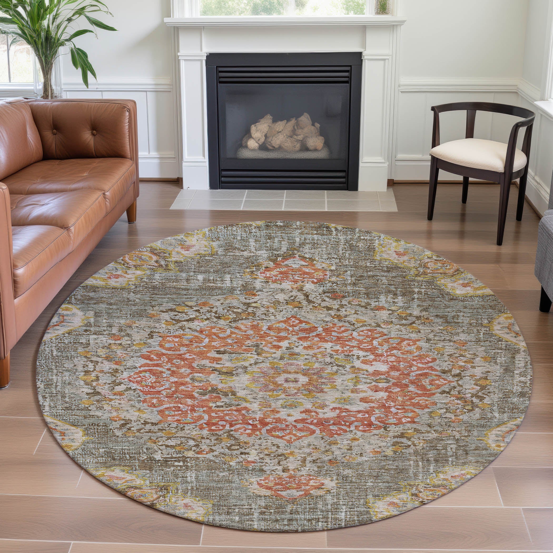 Sarajevo Machine Washable Traditional Brown Rug 8' x 8' #shape_Round