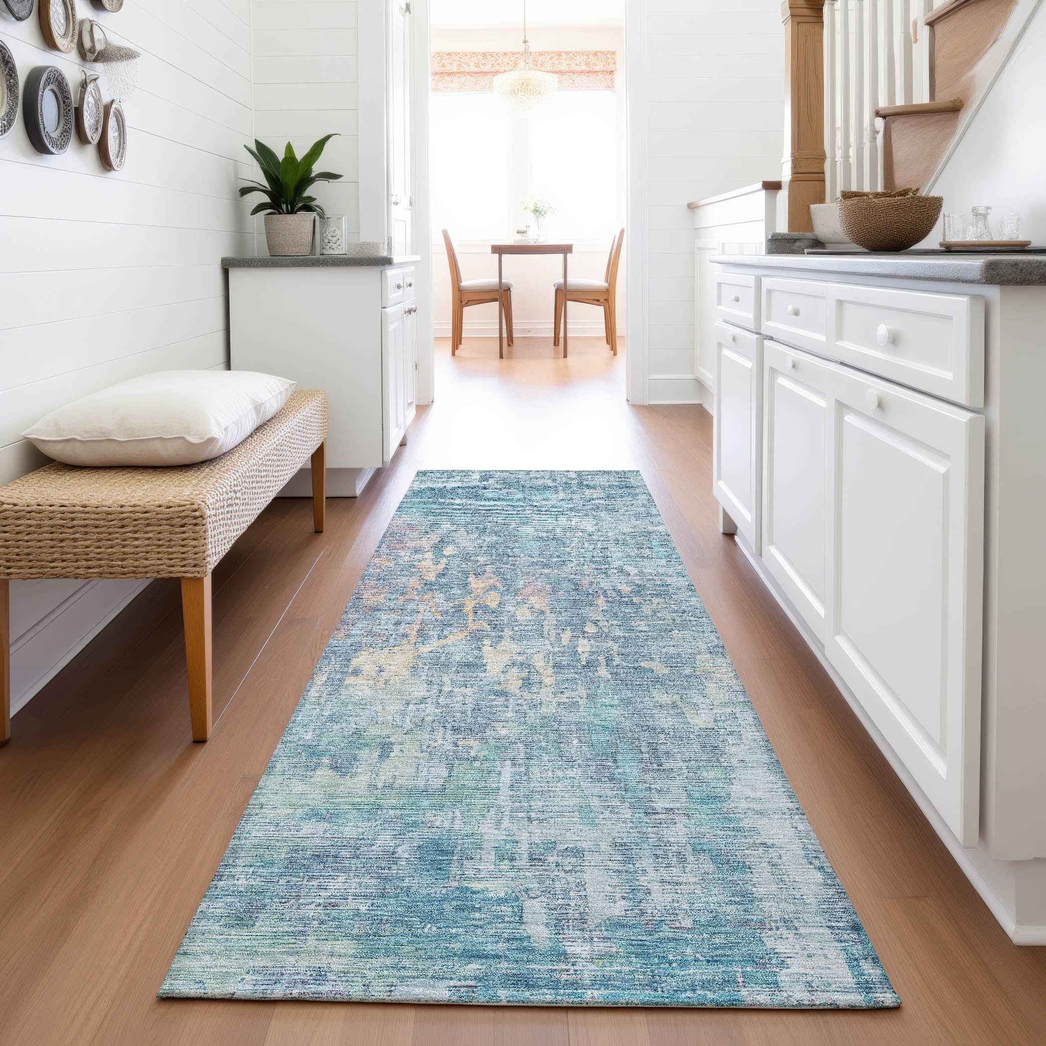 Prague Machine Washable Transitional Blue Rug 2'3" x 7'6" #shape_Runner