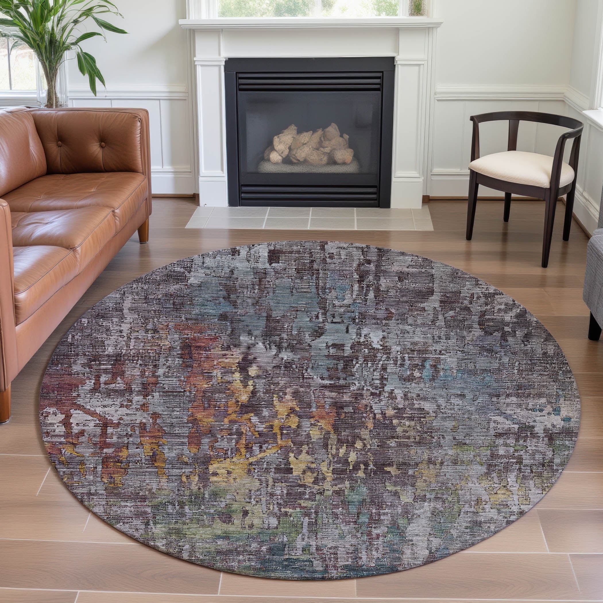 Prague Machine Washable Transitional Pewter Gray Rug 8' x 8' #shape_Round