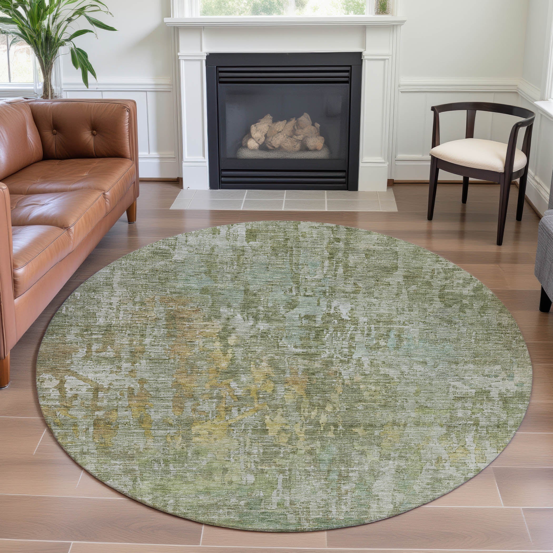 Prague Machine Washable Transitional Sage Green Rug 8' x 8' #shape_Round