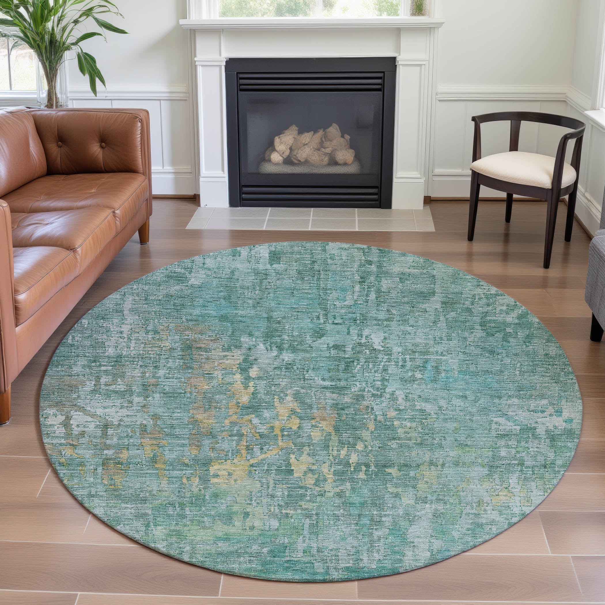 Prague Machine Washable Transitional Teal Rug 8' x 8' #shape_Round