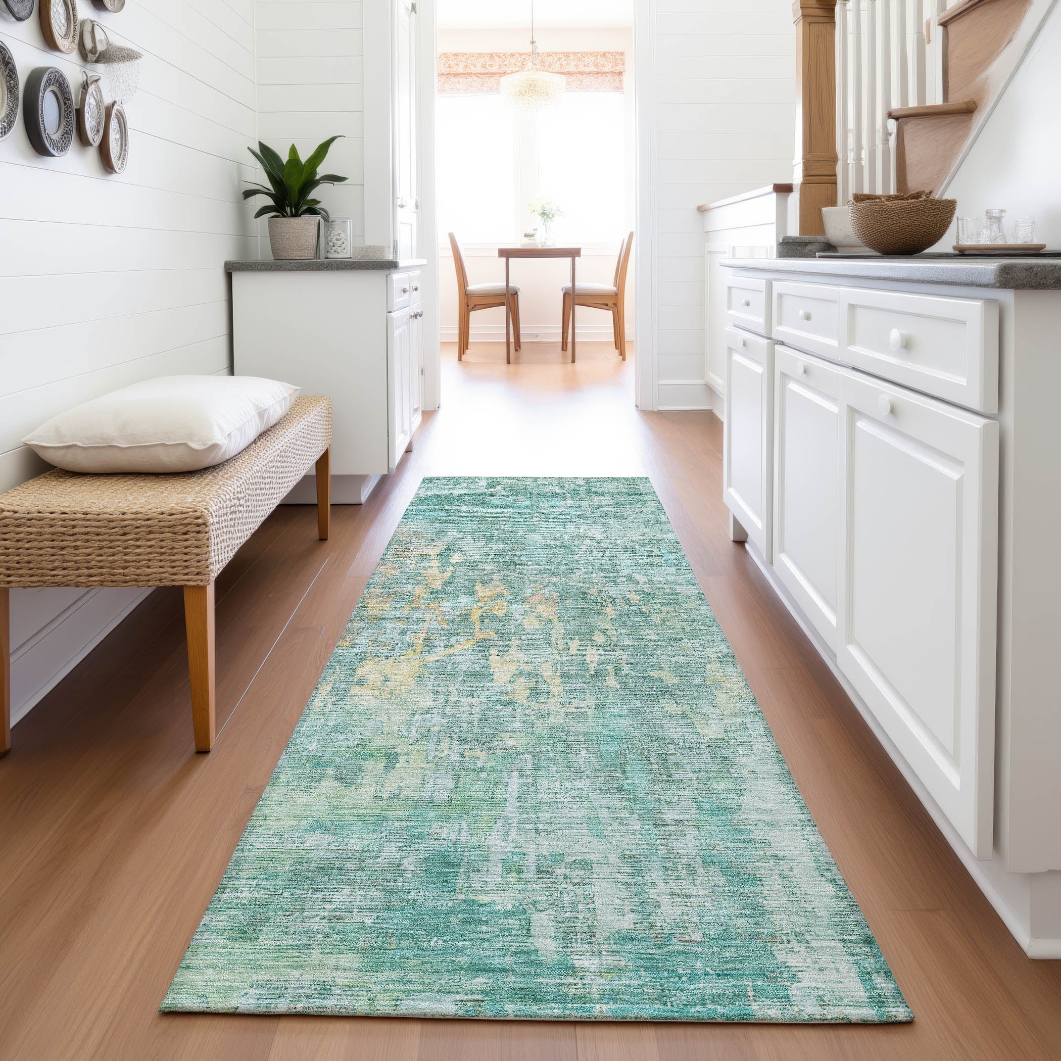 Prague Machine Washable Transitional Teal Rug 2'3" x 7'6" #shape_Runner