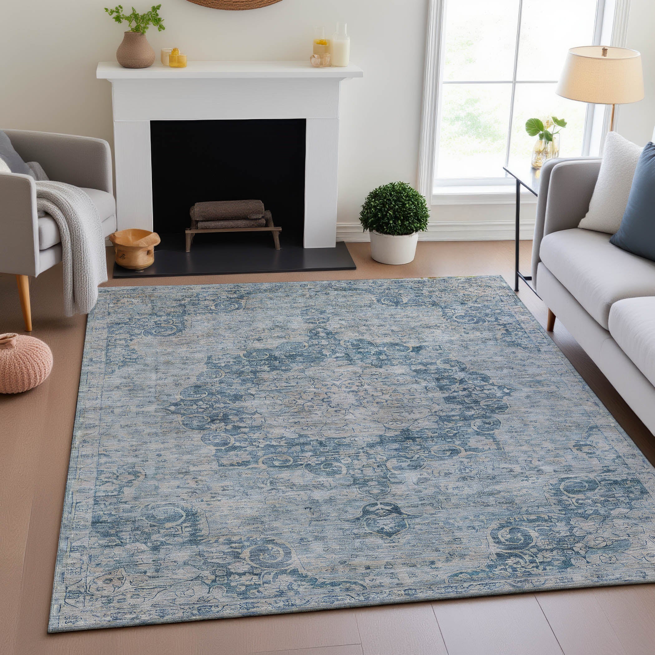 Baku Machine Washable Traditional Blue Rug 2'6" x 3'10" #shape_Rectangle