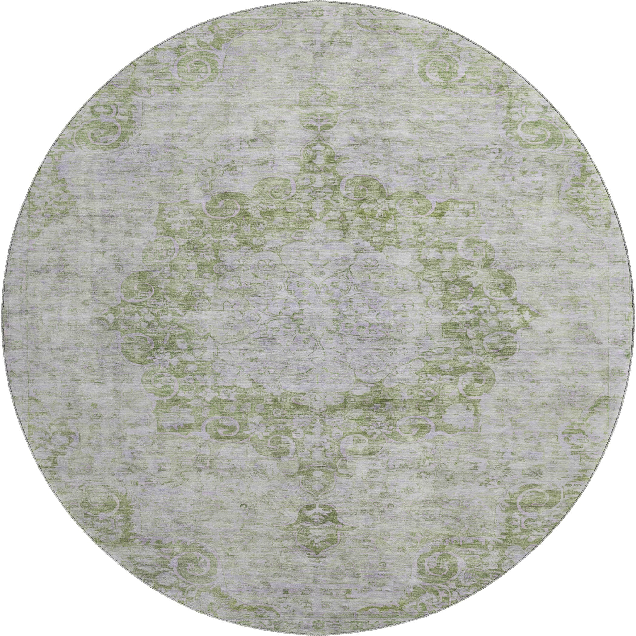 Baku Machine Washable Traditional Olive Green Rug 8' x 8' #shape_Round