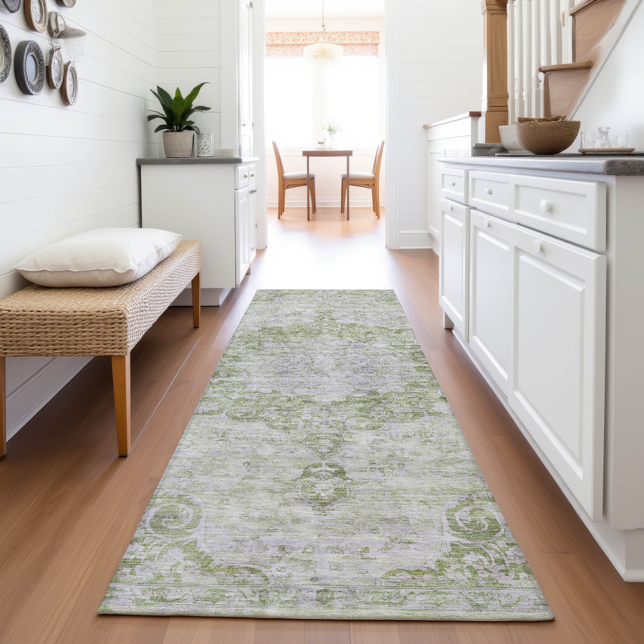 Baku Machine Washable Traditional Olive Green Rug 2'3" x 7'6" #shape_Runner