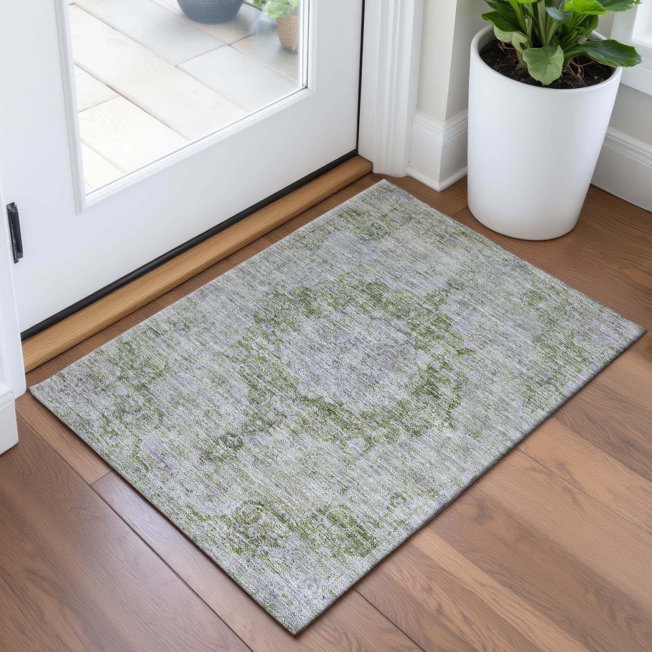 Baku Machine Washable Traditional Olive Green Rug 1'8" x 2'6" #shape_Rectangle