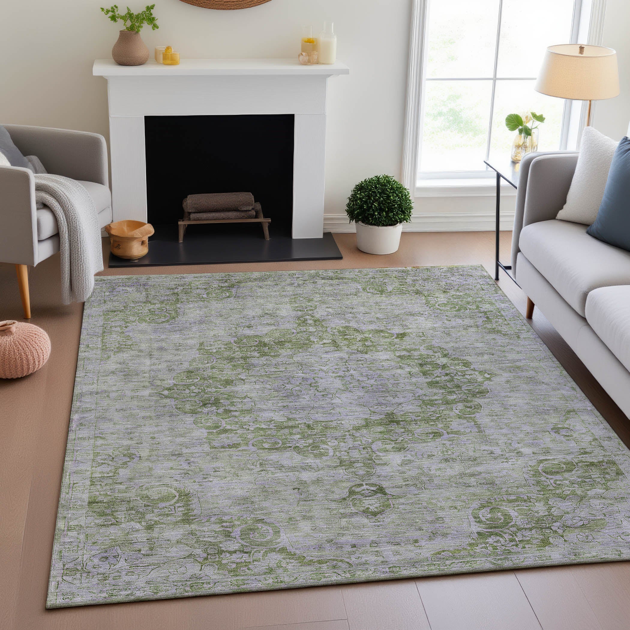 Baku Machine Washable Traditional Olive Green Rug 2'6" x 3'10" #shape_Rectangle
