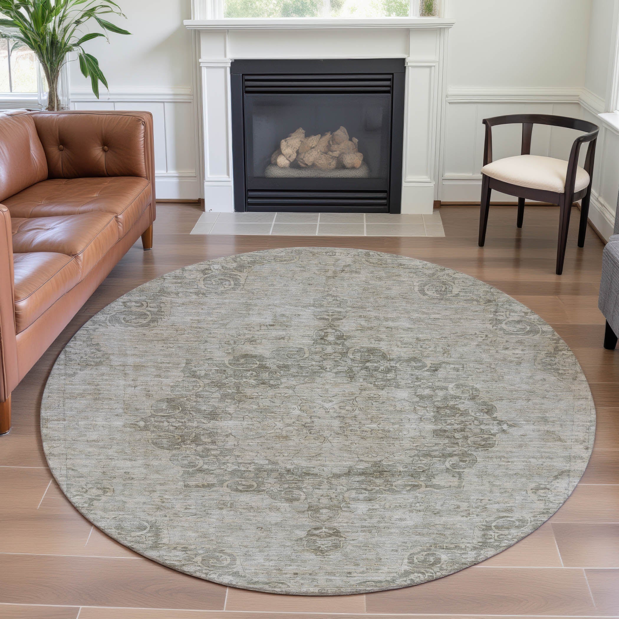 Baku Machine Washable Traditional Putty Ivory Rug 8' x 8' #shape_Round