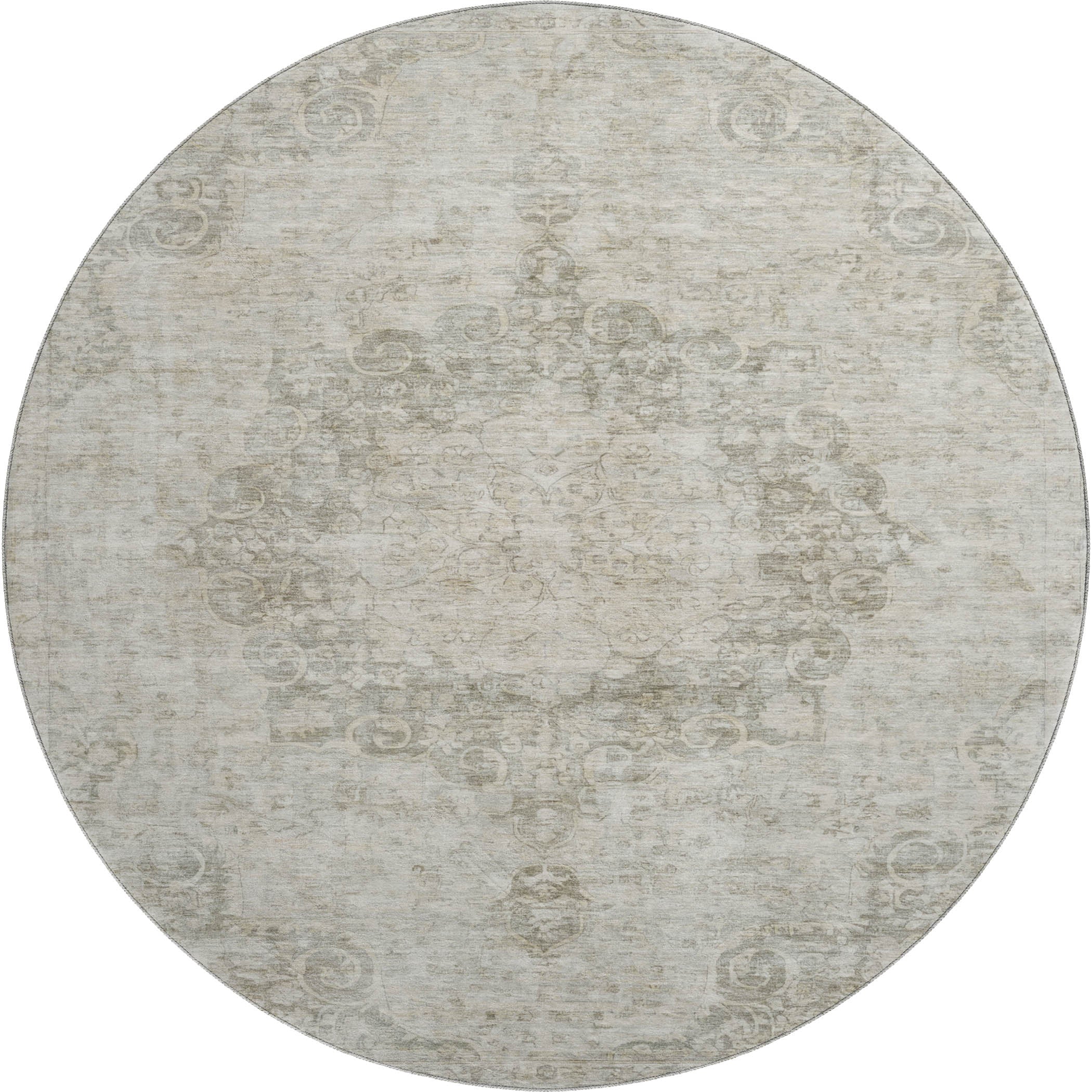 Baku Machine Washable Traditional Putty Ivory Rug 8' x 8' #shape_Round
