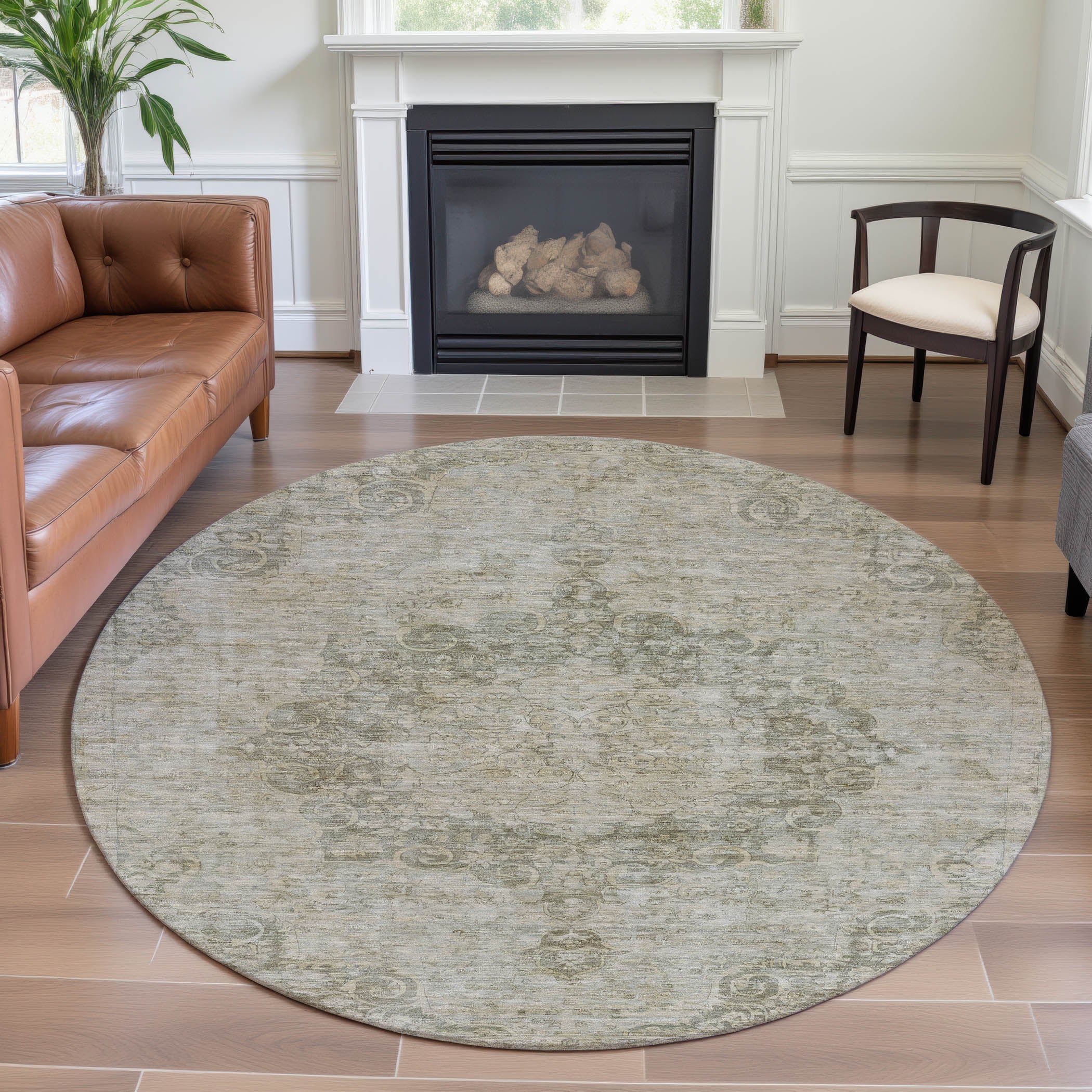 Baku Machine Washable Traditional Sage Green Rug 8' x 8' #shape_Round