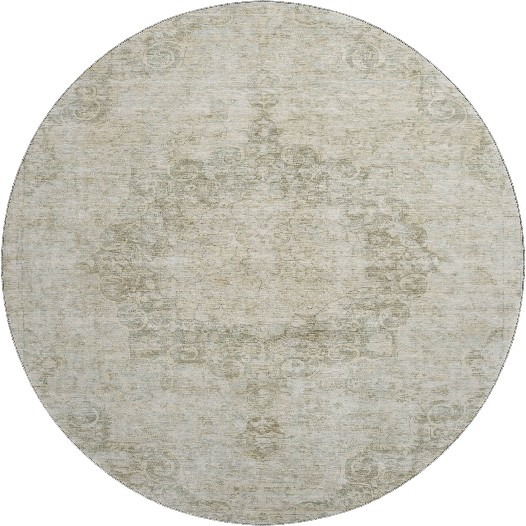 Baku Machine Washable Traditional Sage Green Rug 8' x 8' #shape_Round
