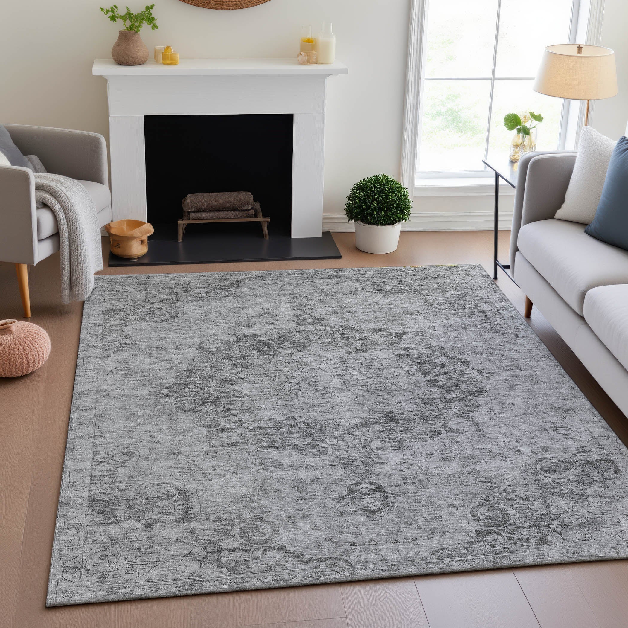 Baku Machine Washable Traditional Silver Gray Rug 2'6" x 3'10" #shape_Rectangle