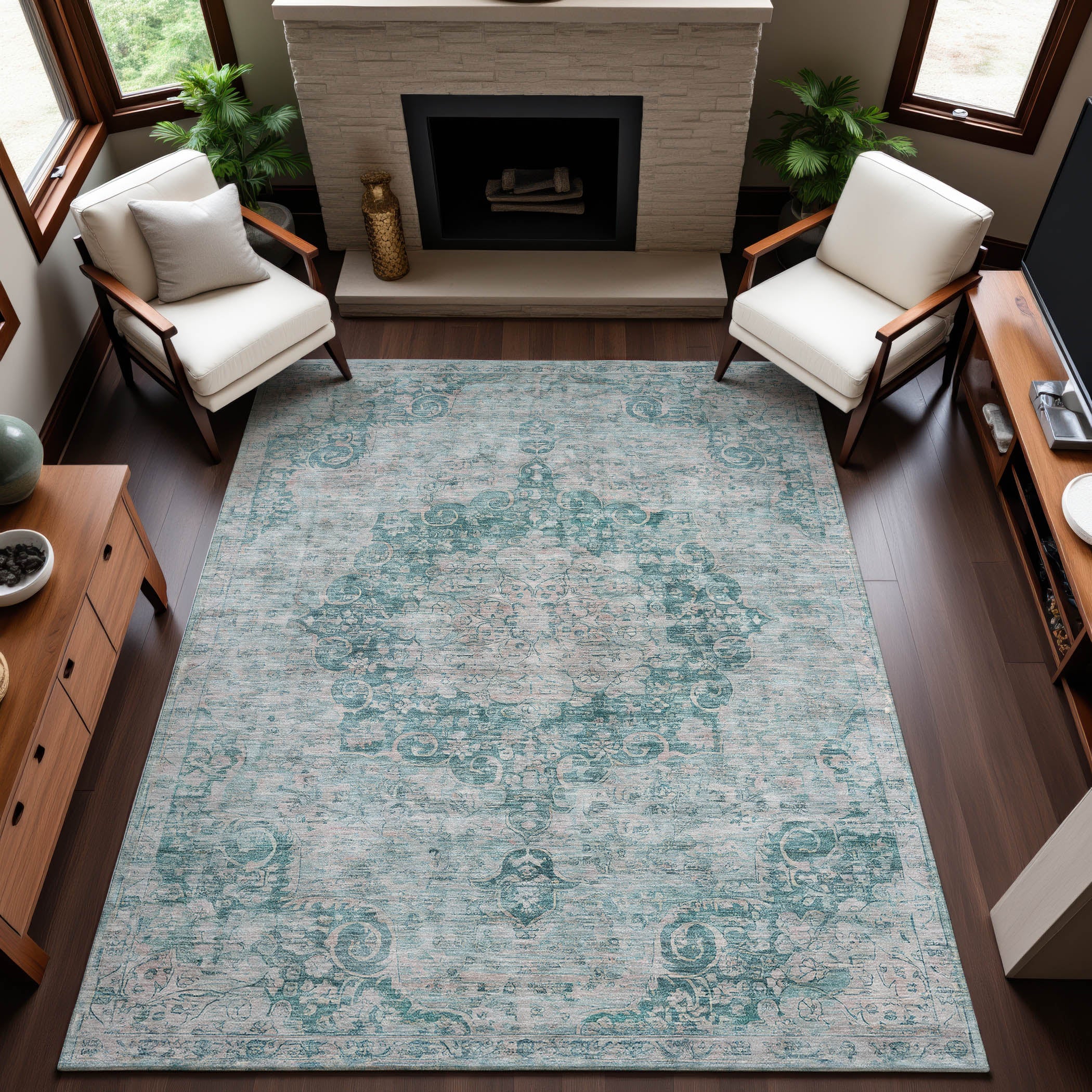 Baku Machine Washable Traditional Teal Rug 2'6" x 3'10" #shape_Rectangle