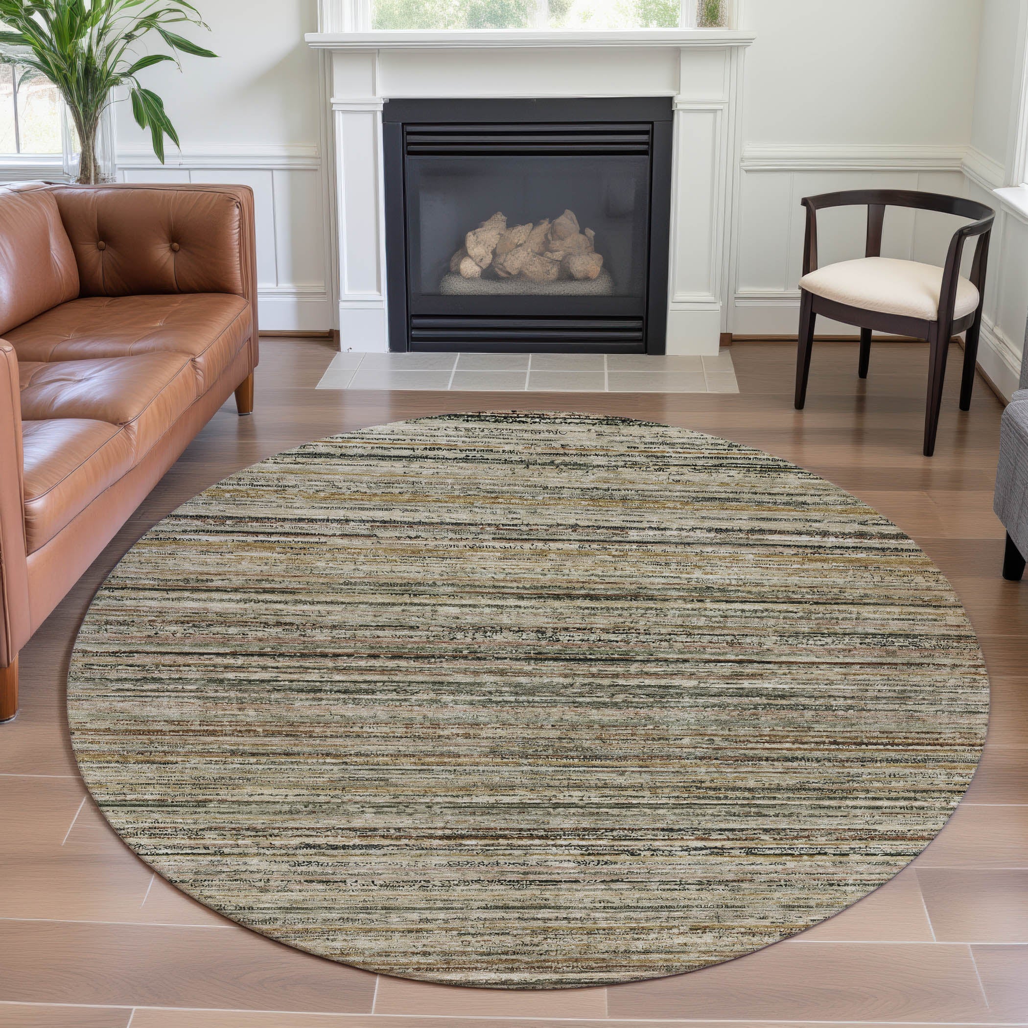 Oslo Machine Washable Transitional Beige Brown Rug 8' x 8' #shape_Round