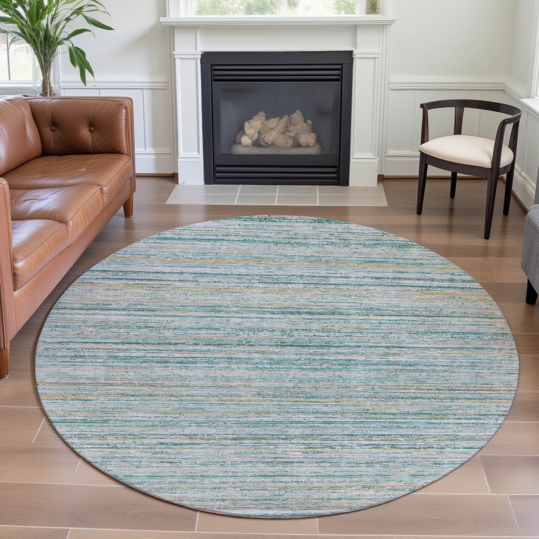 Oslo Machine Washable Transitional Teal Rug 8' x 8' #shape_Round